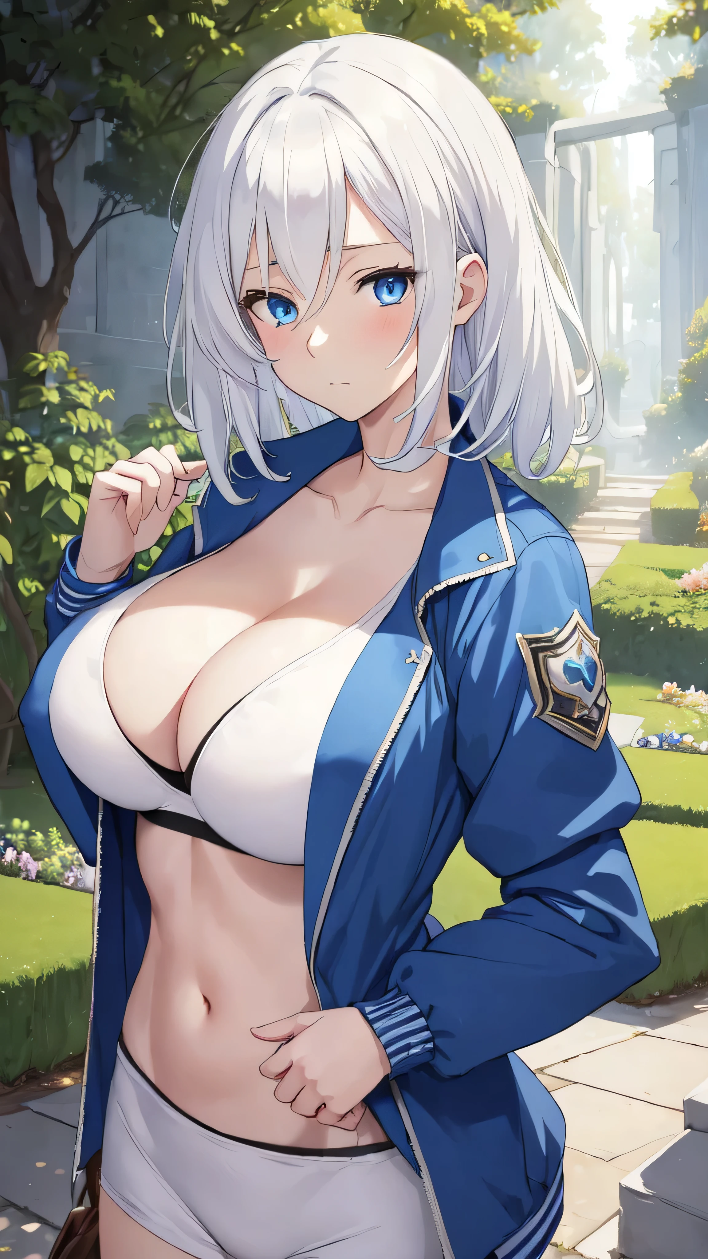 (((masterpiece))),beta from shadow garden, Anime girl characters, 1girl, solo, looking at viewer, medium hair, white hair,blue eyes, long sleeves, cleavage, bigger breasts, closed mouth, collarbone, jacket, open clothes, open jacket, blue jacket, ground vehicle, sports bra, tall girl, horny, big ass, beautiful face