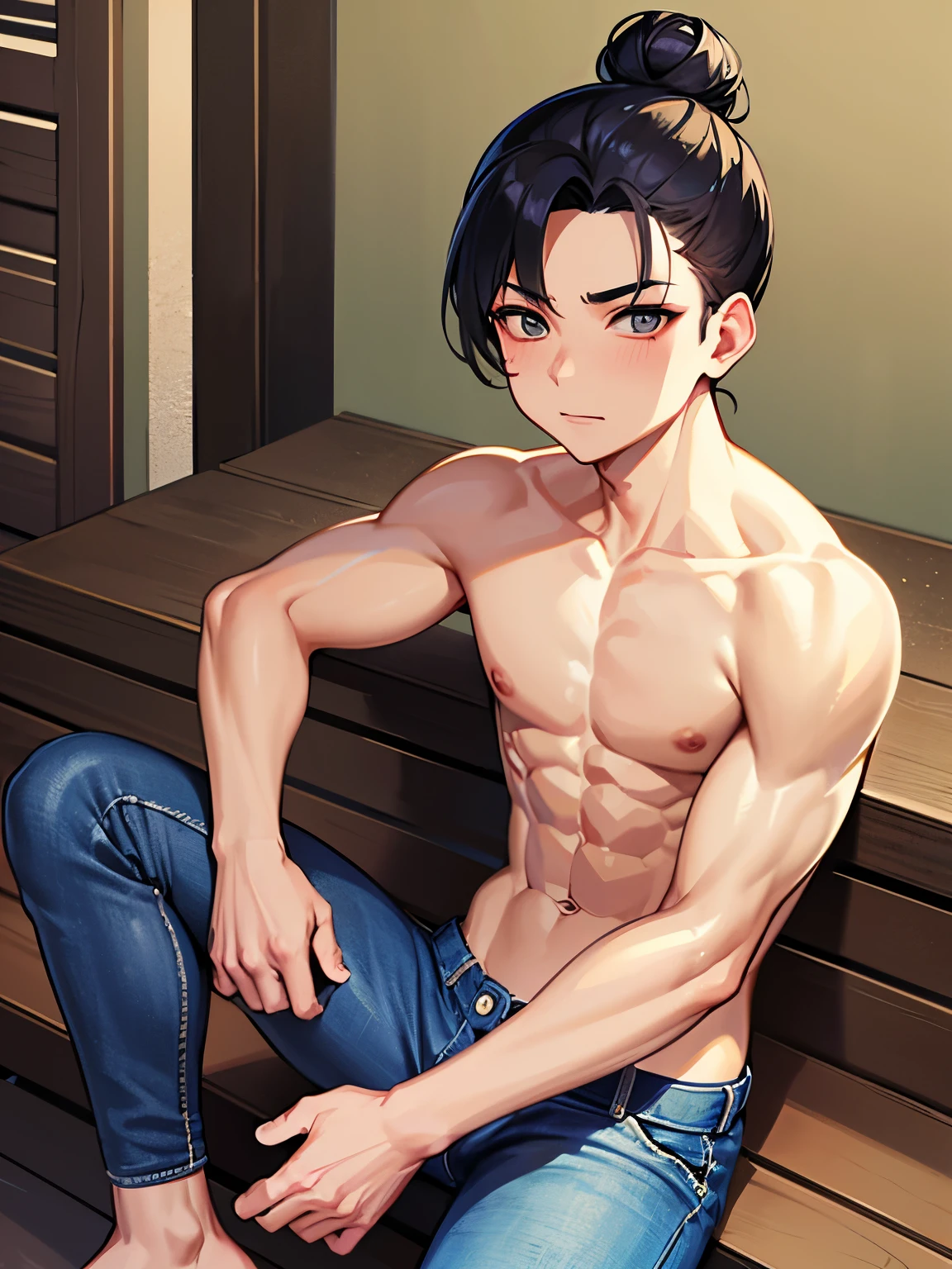  cute Asian boy, eight-pack abs teen, bodybur body, shirtless jeans pants, unique bun hair slicked back 