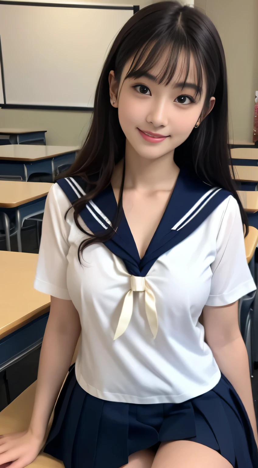 8k, highest quality, real image, intricate details, Super detailed, ultra high resolution, depth field,(realistic,realistic:1.2), (small breasts:1.2), 1 Japanese girl, very beautiful  girl, (beautiful breasts:1.5, highly detailed eyes:1.2), (beautiful breasts:1.1), bangs, perfect skin, Fair skin, tight waist, alone, looking at the viewer, black hair, hair behind the ear, shoulder hair, long hair, no makeup、In a high school classroom, During class, light smile, (high school sailor suit:1.2), navy pleated skirt, sitting next to the viewer