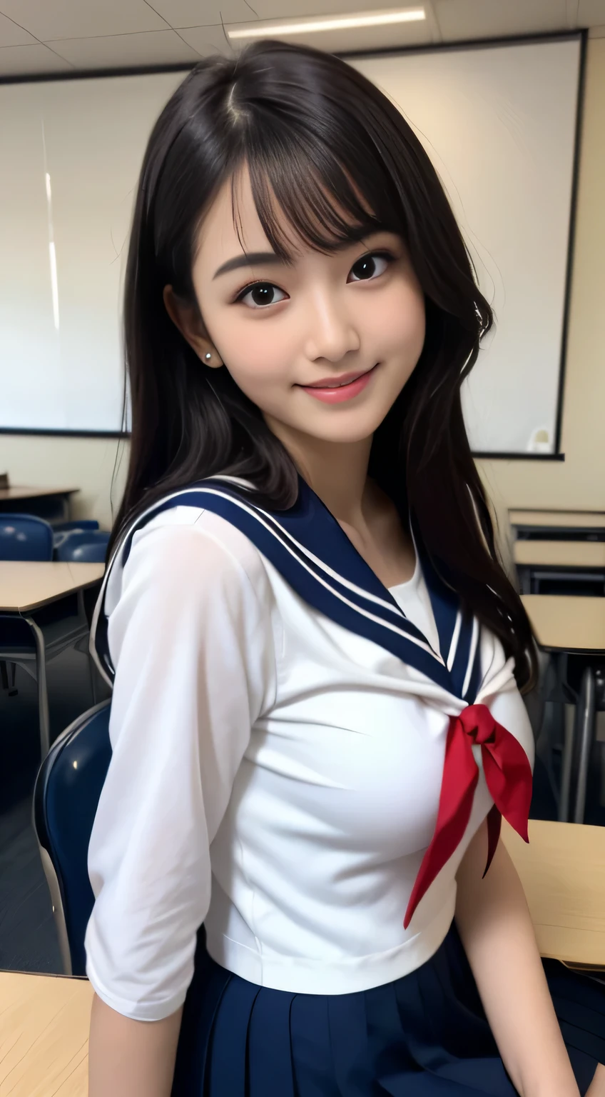 8K, highest quality, real image, intricate details, Super detailed, ultra high resolution, depth field,(realistic,realistic:1.2), (small breasts:1.2), japanese girl, very beautiful 17 year old girl, (beautiful breasts:1.5, highly detailed eyes:1.2), (beautiful breasts:1.1), bangs, perfect skin, Fair skin, tight waist, looking at the viewer, black hair, hair behind the ear, shoulder hair, long hair, no makeup、in a high school classroom, During class, (high school sailor suit:1.2), navy pleated skirt, Sit next to the viewer