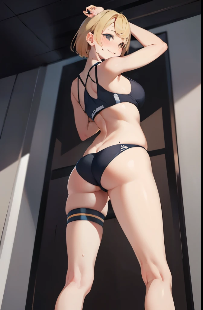 (High level image quality、high quality、High resolution、detailed、masterpiece)、smiling or shy face、(or short cut blonde hair)、(thin or chubby body)、(big breasts)、(high leg swimsuit)、(feetを開く)、,blush,focus on legs,,feet,feet focus,focus on legs,2本feet,2feet,sweating,vapor,black hair,(from below),(underboob),big breasts,(High level image quality、high quality、High resolution、detailed、masterpiece),((((stick out your butt))))