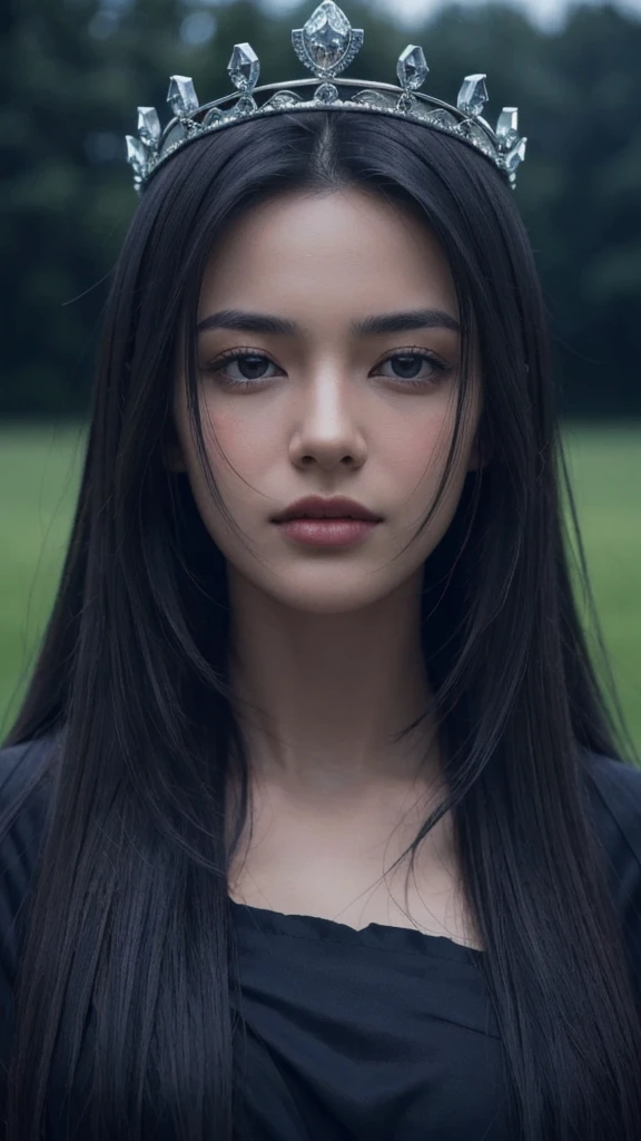 8k, best quality, masterpiece, realistic, ultra detail, photo realistic, Increase quality, 
a photo of a girl standing in a field with diamond crown on head, in the style of dark and brooding designer, voluminous mass, photobash, serene faces, jagged edges, navy, natural beauty, close-up shot
