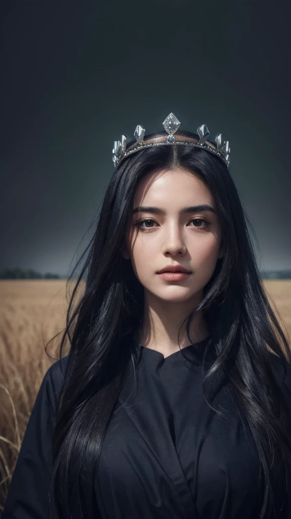 8k, best quality, masterpiece, realistic, ultra detail, photo realistic, Increase quality, 
a photo of a girl standing in a field with diamond crown on head, in the style of dark and brooding designer, voluminous mass, photobash, serene faces, jagged edges, navy, natural beauty, close-up shot
