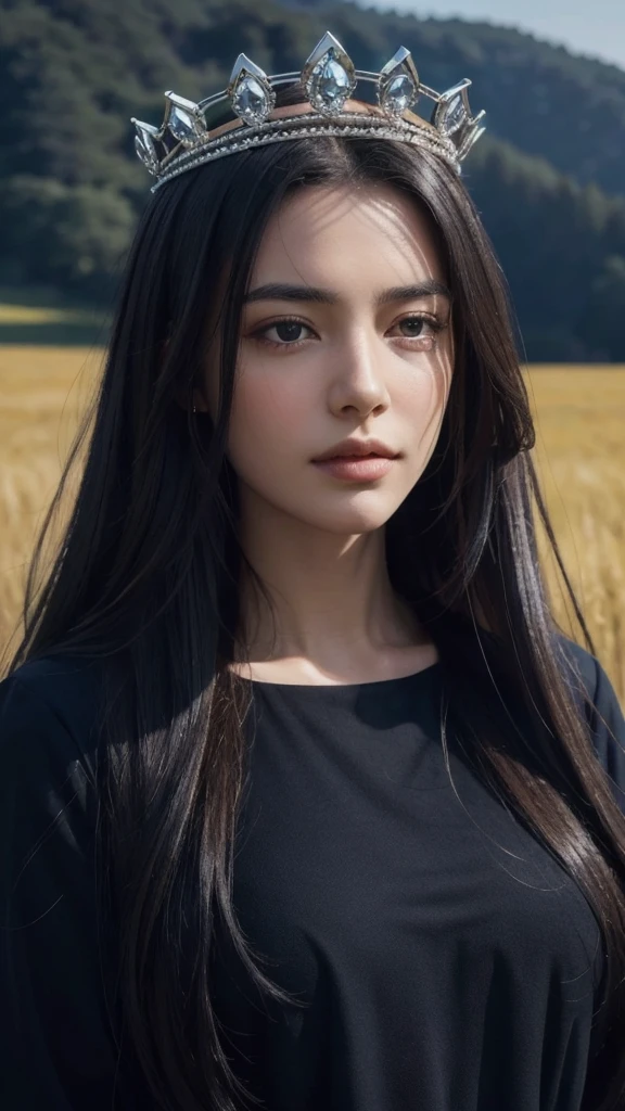 8k, best quality, masterpiece, realistic, ultra detail, photo realistic, Increase quality, 
a photo of a girl standing in a field with diamond crown on head, in the style of dark and brooding designer, voluminous mass, photobash, serene faces, jagged edges, navy, natural beauty, close-up shot
