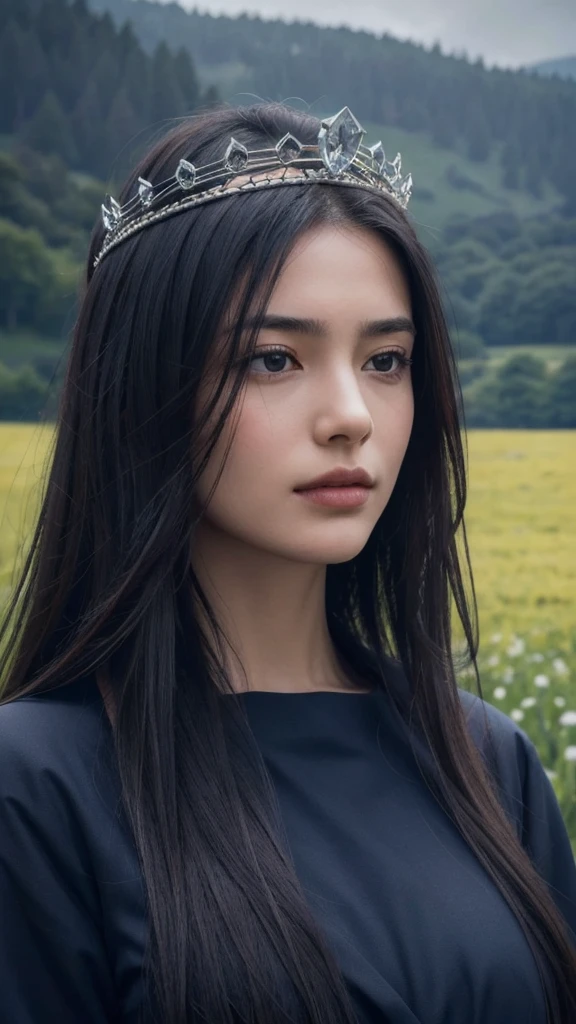 8k, best quality, masterpiece, realistic, ultra detail, photo realistic, Increase quality, 
a photo of a girl standing in a field with diamond crown on head, in the style of dark and brooding designer, voluminous mass, photobash, serene faces, jagged edges, navy, natural beauty, close-up shot
