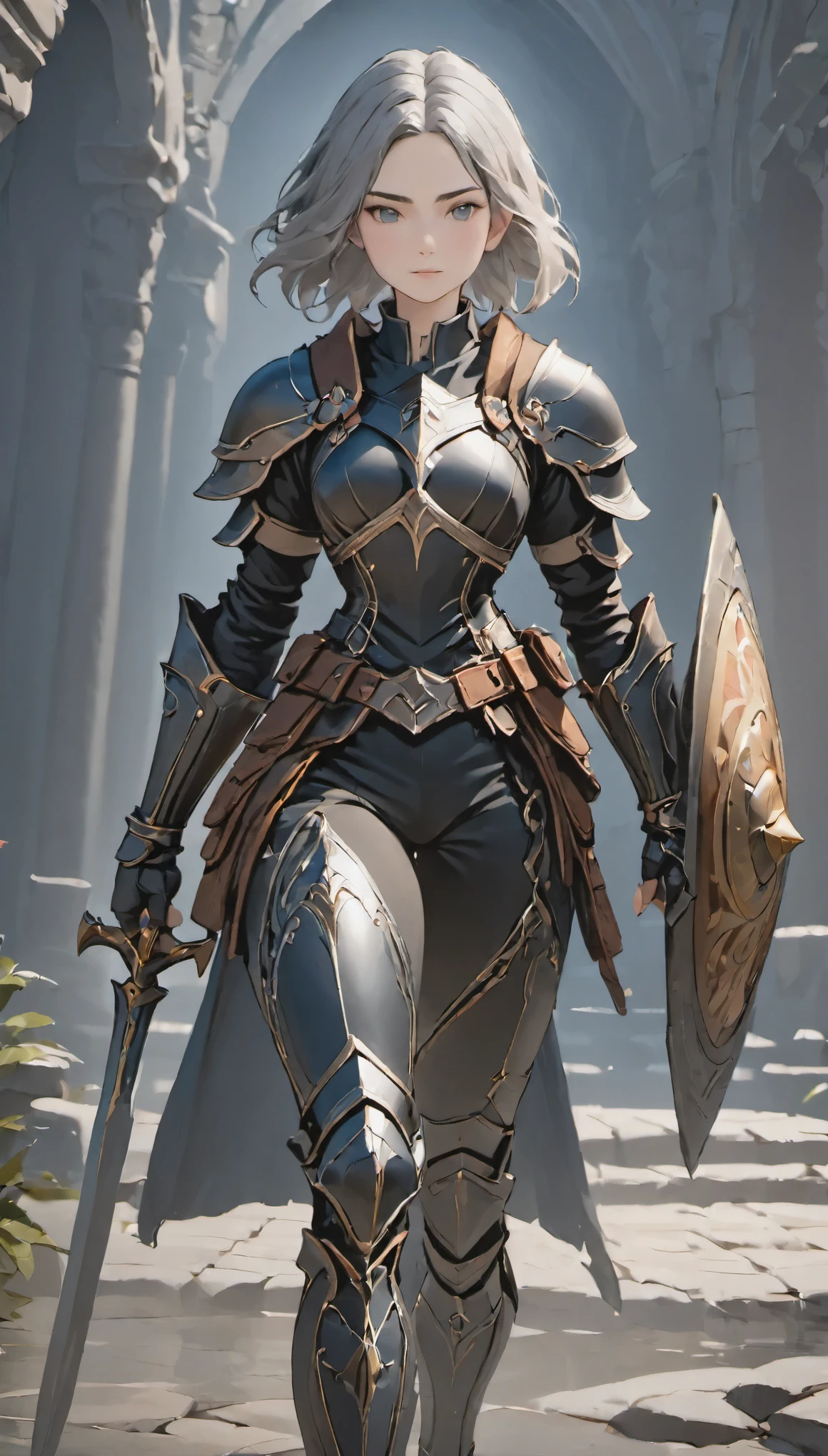 female adventurer, full body, Game Art Style, (masterpiece),  highest quality, High resolution, 4k, 8K, Detail view, intricate details, cinematic lighting, amazing quality, 1 girl, A bold female warrior in black armor,jet black armor、Amazoness,gray hair, great shading, soft lighting, Face-to-face camera, perfect eyes