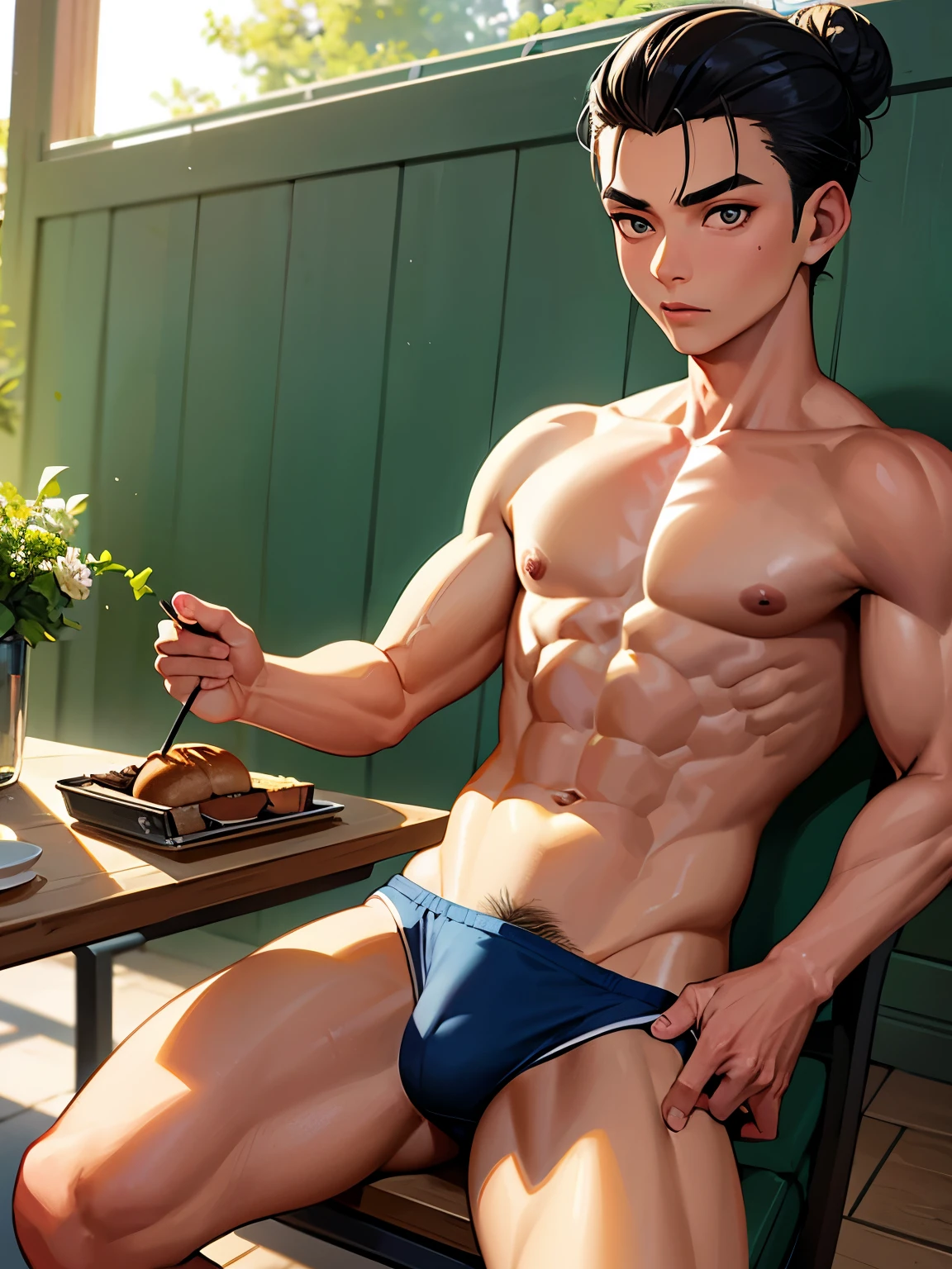 Asian boy, eight-pack abs teen, bodybuilder body,Speedo, hairy body, unique bun hair slicked back
