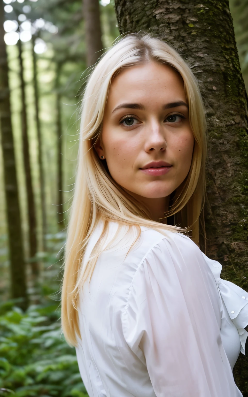 (((hd close up photo))), one standing Anne-Marie Alto looking at camera, 25 years old, blonde, in forest