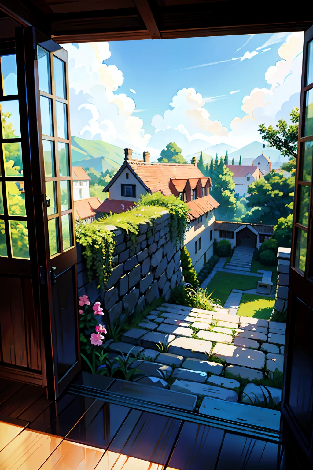 From the top corner of the sky, a majestic view unfolds of a modern house, built with non-shaped ancient stones and a wooden frame for its edges and windows. The house's exterior is adorned with variant beautiful flowers, their petals in full bloom, blending harmoniously with the houses' natural setting. The mid-day sky above is a beautiful canvas of various hues, reflecting the warmth and tranquility of the scene below. The ref codex_401 captures this acrylic illustration in ultra-detailed perfection, reminiscent of Makoto Shinkai's masterpieces. The sky's vibrant colors and the house's intricate stone