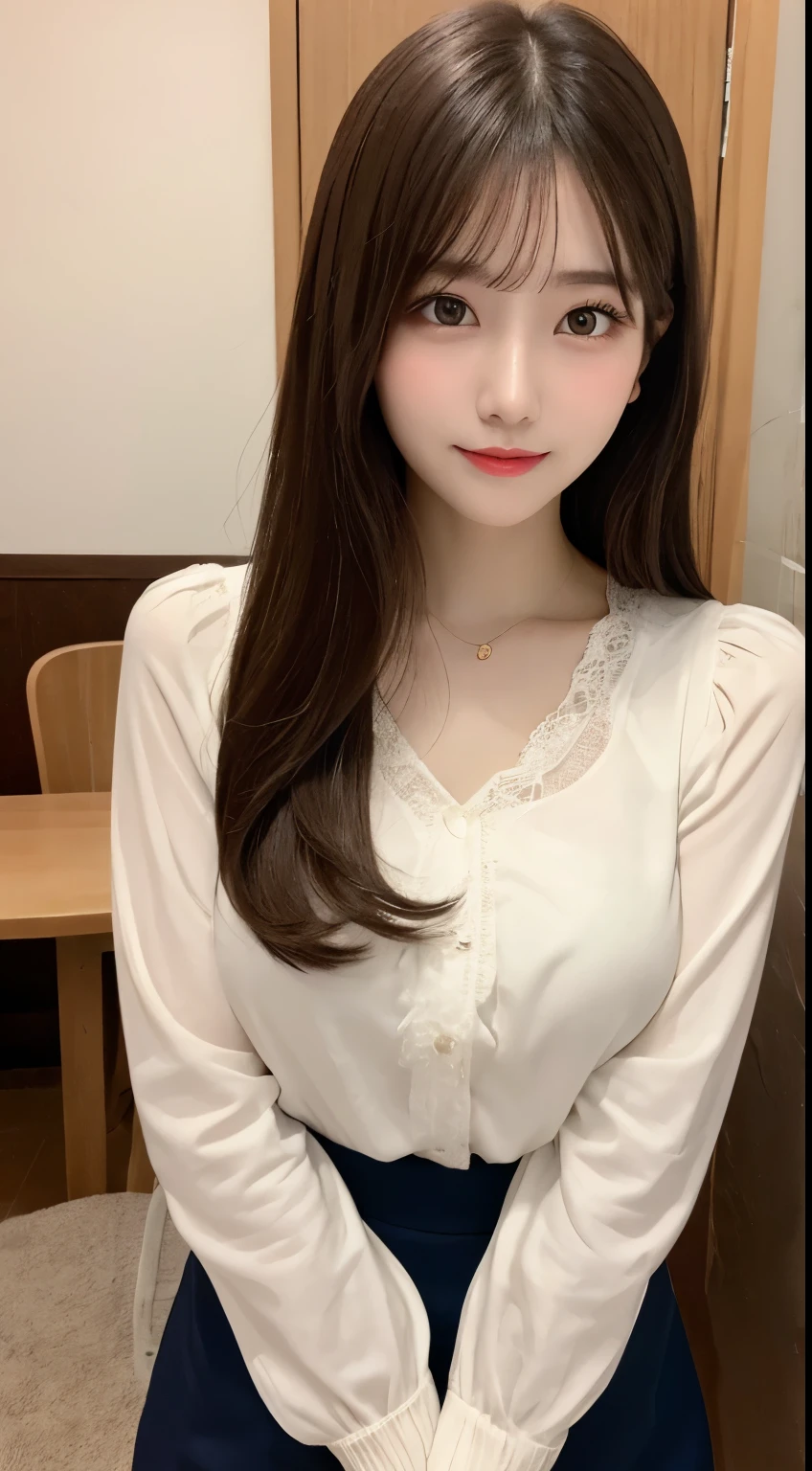table top, highest quality, shape, Super detailed, finely, High resolution, 8k wallpaper, 完璧なダイナミックな構shape, beautiful and detailed eyes, straight hair, small breasts, natural color lip, random sexy pose,smile,20 year old girl、midnight、Beautiful and dense face、perfect and beautiful face,Big eyes、Raw photo、Expressing feminine poses with your whole body、beautiful and detailed eyes、small face、beautiful duplex、slim face and style,beautiful golden ratio face、Tight Skirt(navy)、long sleeve blouse(white)