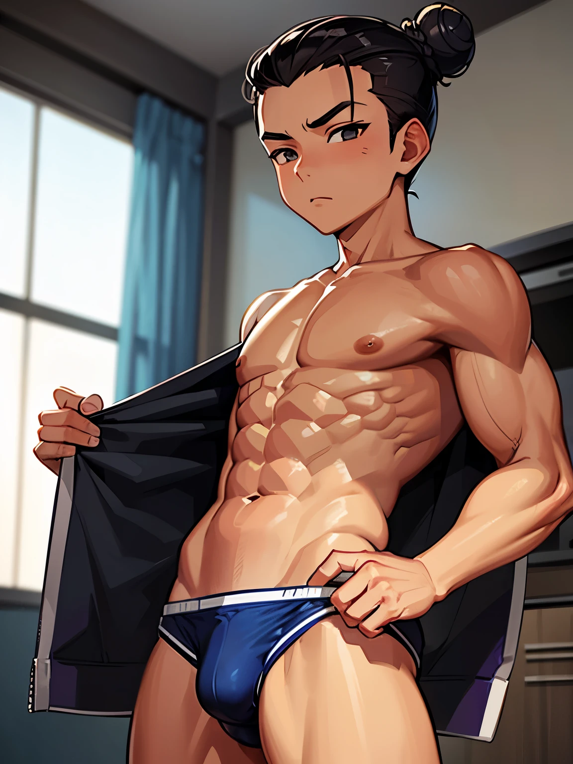 Asian boy, eight-pack abs teen, rippedy,Speedo, unique bun hair slicked back