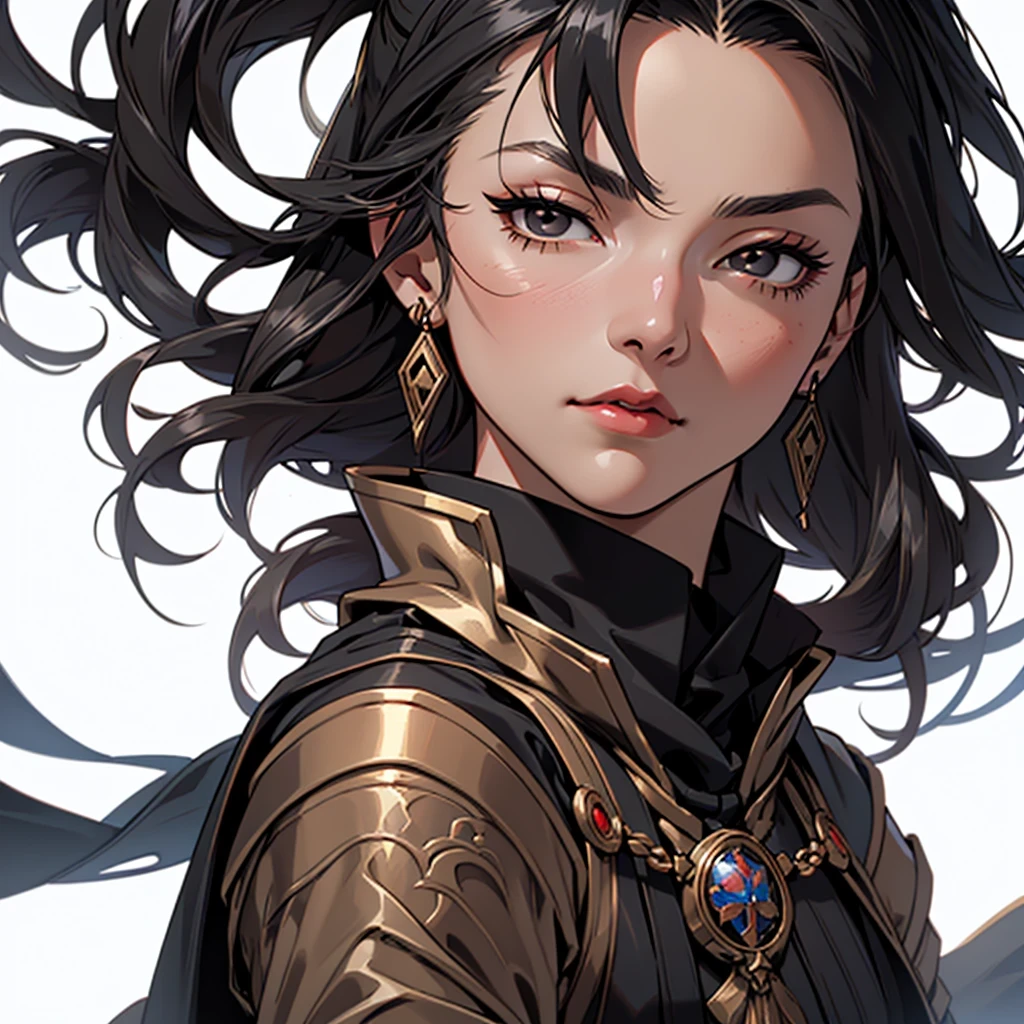 medieval anime art, masterpiece, best quality, smooth lines, female, solo, (((close-up face portrait))), detailed composition, detailed eyes, detailed hair, (((white background))), black hair, (((black eyes))), (((wearing full bronze wizard clothes))), (((Asian))), red lipstick, mature, earring, serious