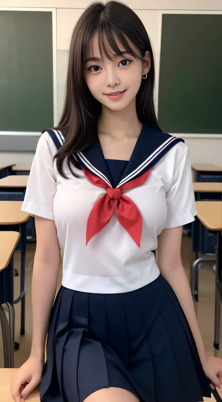 8k, highest quality, real image, intricate details, Super detailed, ultra high resolution, depth field,(realistic,realistic:1.2), (small breasts:1.2), japanese girl, very beautiful 17 year old girl, (beautiful breasts:1.5, highly detailed eyes:1.2), (beautiful breasts:1.1), bangs, perfect skin, Fair skin, tight waist, looking at the viewer, black hair, hair behind the ear, shoulder hair, long hair, no makeup、In a high school classroom, During class, light smile, (high school sailor suit:1.2), navy pleated skirt, sitting next to the viewer, taking classes