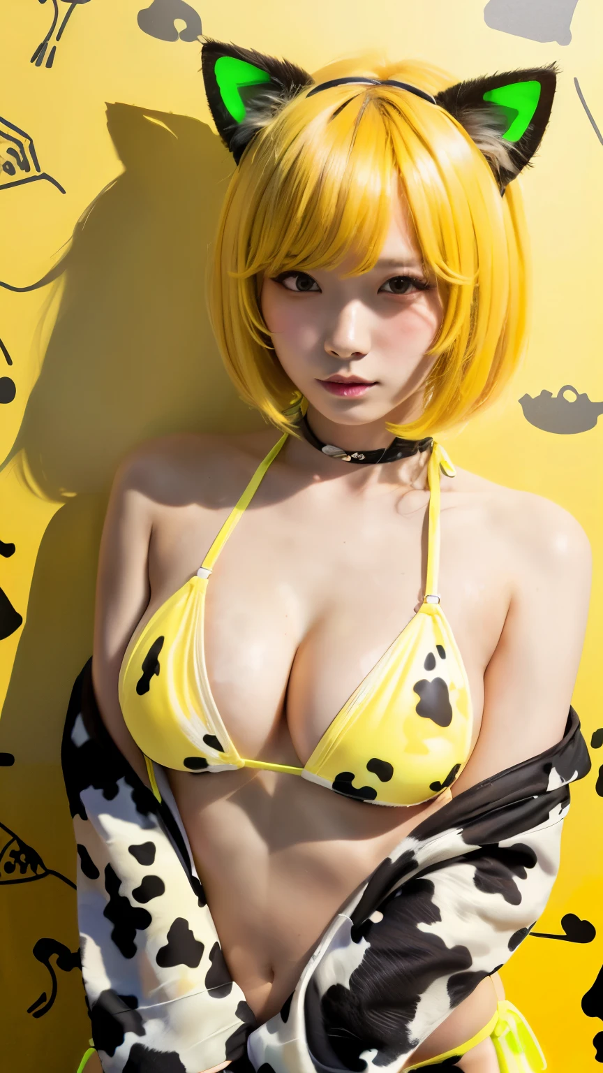 Masterpiece, 4K, bokeh, (Japanese idol:1.6), Beautiful high school girl, Blushed face, (Yellow Bob hair:1.4),
(Neon Yellow cow pattern bikini:1.4), (Cat ears:1.4), looking at the viewer, cowboy shot, holding cats in both hands, (Neon Yellow cow pattern background :1.4),