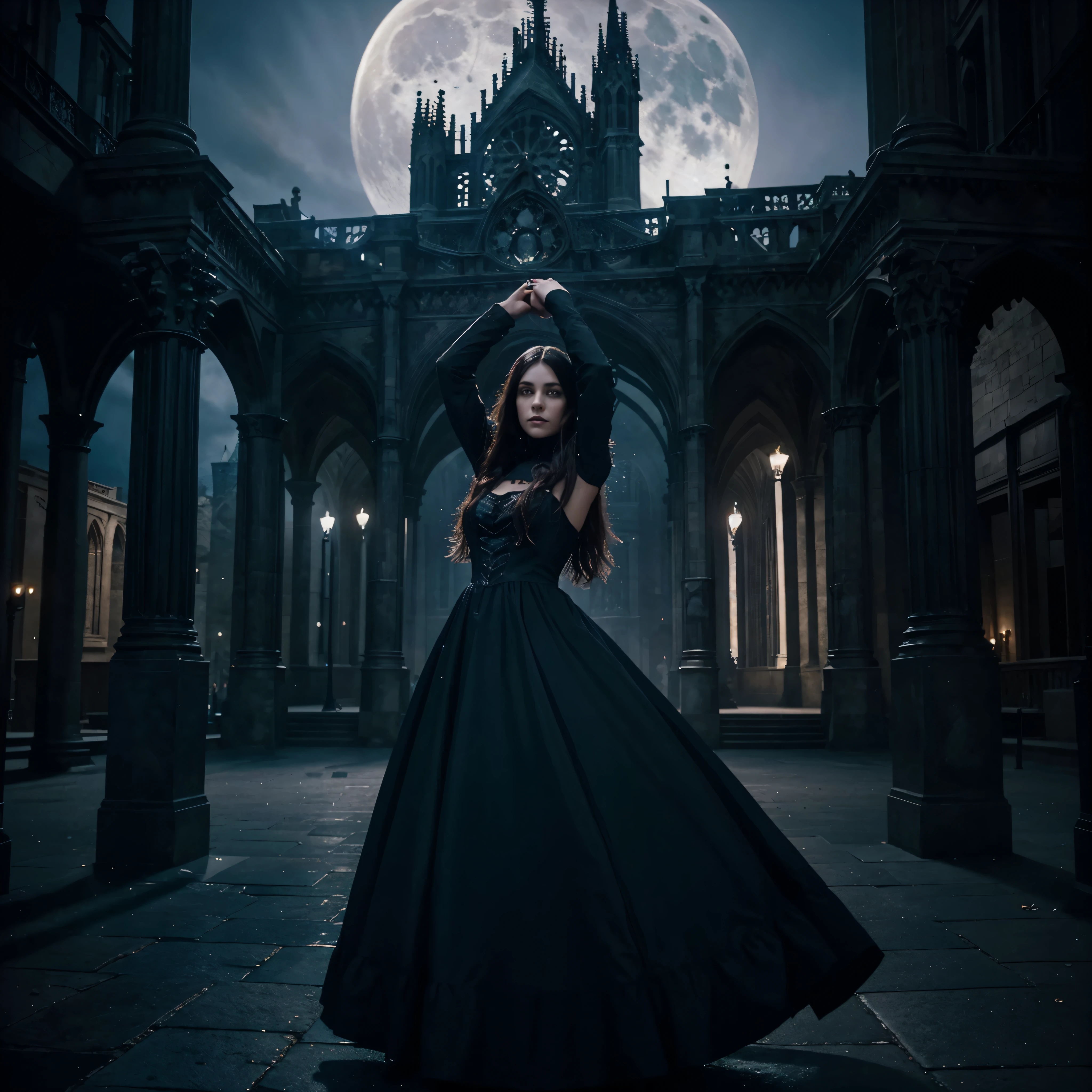**style:**
* Gothic, gloomy, Fantasy, symbolic.
**Elements:**
* a girl in a long dark dress dances under the full moon.
* Crows circle around her, creating an ominous atmosphere.
* In the background is a Gothic cathedral with stained glass windows, from which blue light pours.
* Colours: black, blue, violet, Grey, with red accents.
**Example:**
"a girl in a Gothic dress with long flowing hair dances against the backdrop of a Gothic cathedral. Crows circle around her. The full moon illuminates her face, which conveys both sadness and determination. Colours: black, blue, violet, Grey, with red accents."
**Additional wishes:**
* Use high quality textures and lighting effects.
* Add moonlight, falling on the dancer and the cathedral, creating a contrast between light and dark.
* Make your image dynamic and expressive.