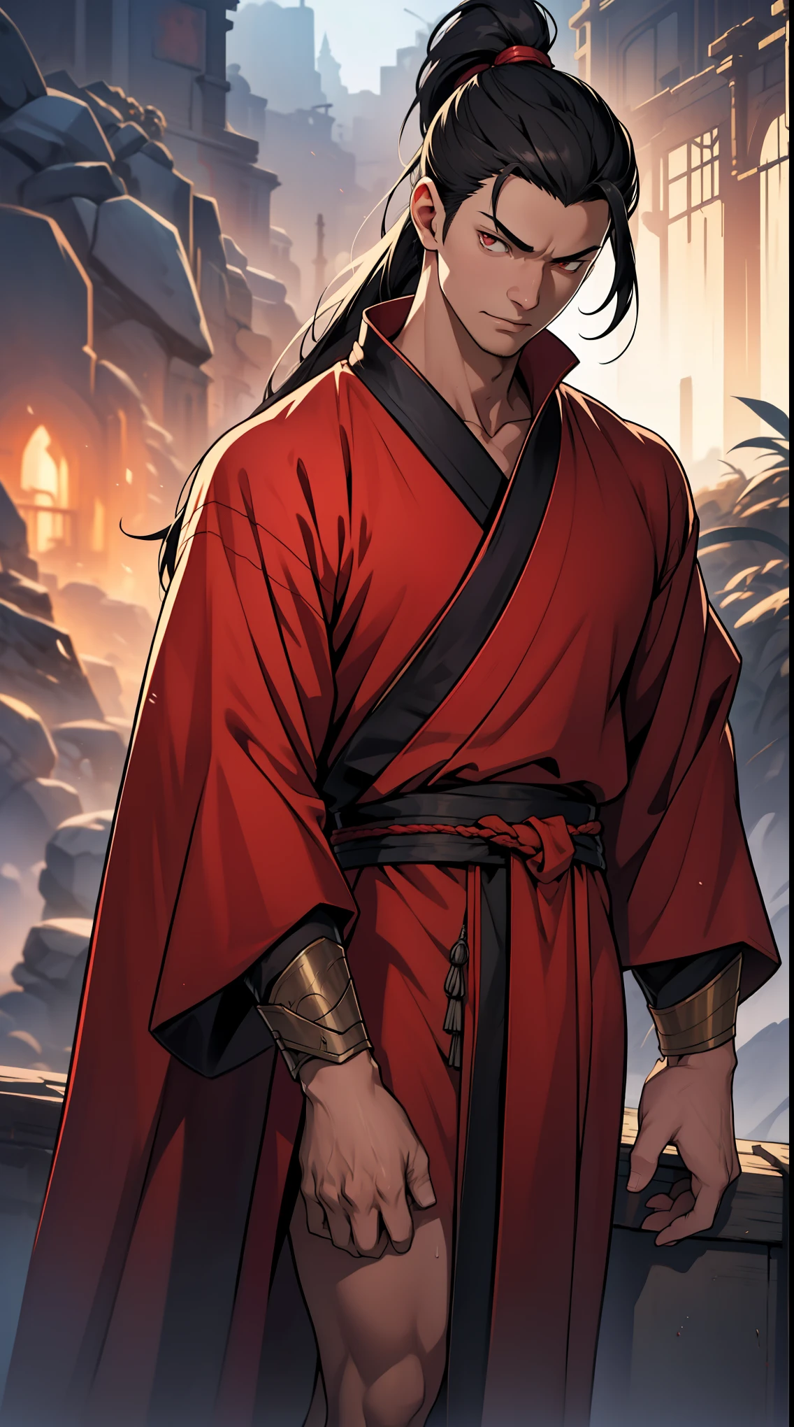 two-dimensional,anime style,one person(male warrior),Correct proportions,facial details,swordsman,High ponytail hairstyle,neck details,There is an Adam'apple,red robe,joke,red robe,clothing details,transfer,long sleeve,Game quality,fencing,Ray tracing,Ray tracing,Delicate glow,CG rendering,Hair details,long black hair,Red eyes,Handsome,Handsome,(feeling of youth),Costumes are complicated,perfect composition,refine,high quality,More details,complex background,a sense of atmosphere,