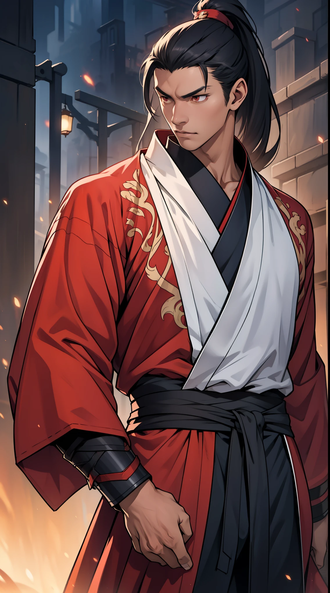two-dimensional,anime style,one person(male warrior),Correct proportions,facial details,swordsman,High ponytail hairstyle,neck details,There is an Adam'apple,red robe,joke,red robe,clothing details,transfer,long sleeve,Game quality,fencing,Ray tracing,Ray tracing,Delicate glow,CG rendering,Hair details,long black hair,Red eyes,Handsome,Handsome,(feeling of youth),Costumes are complicated,perfect composition,refine,high quality,More details,complex background,a sense of atmosphere,