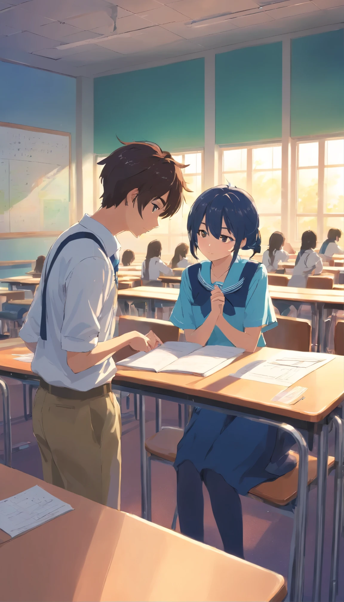 Teenage couple in high school uniforms, In the classroom after school, students are engrossed in preparing for the school festival.. they work together, Create decorations and materials, Build a world just for the two of you. The setting sun fills the room with warm light., Emphasize hectic activity and its sharing, Intimate world in preparation for the festival.