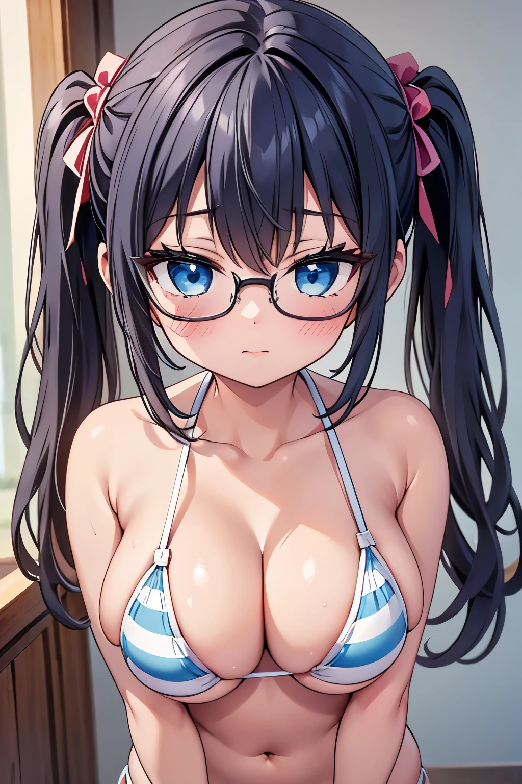 highest quality,wonderful,finely,extremely detailed CG unity 8k wallpaper,1 girl,priest(dq3), big breasts,(Light blue striped micro bikini:1.4), black hair, glasses, blue eyes,twin tails, highest quality,Super detailed,unity 8k wallpaper,game CG,