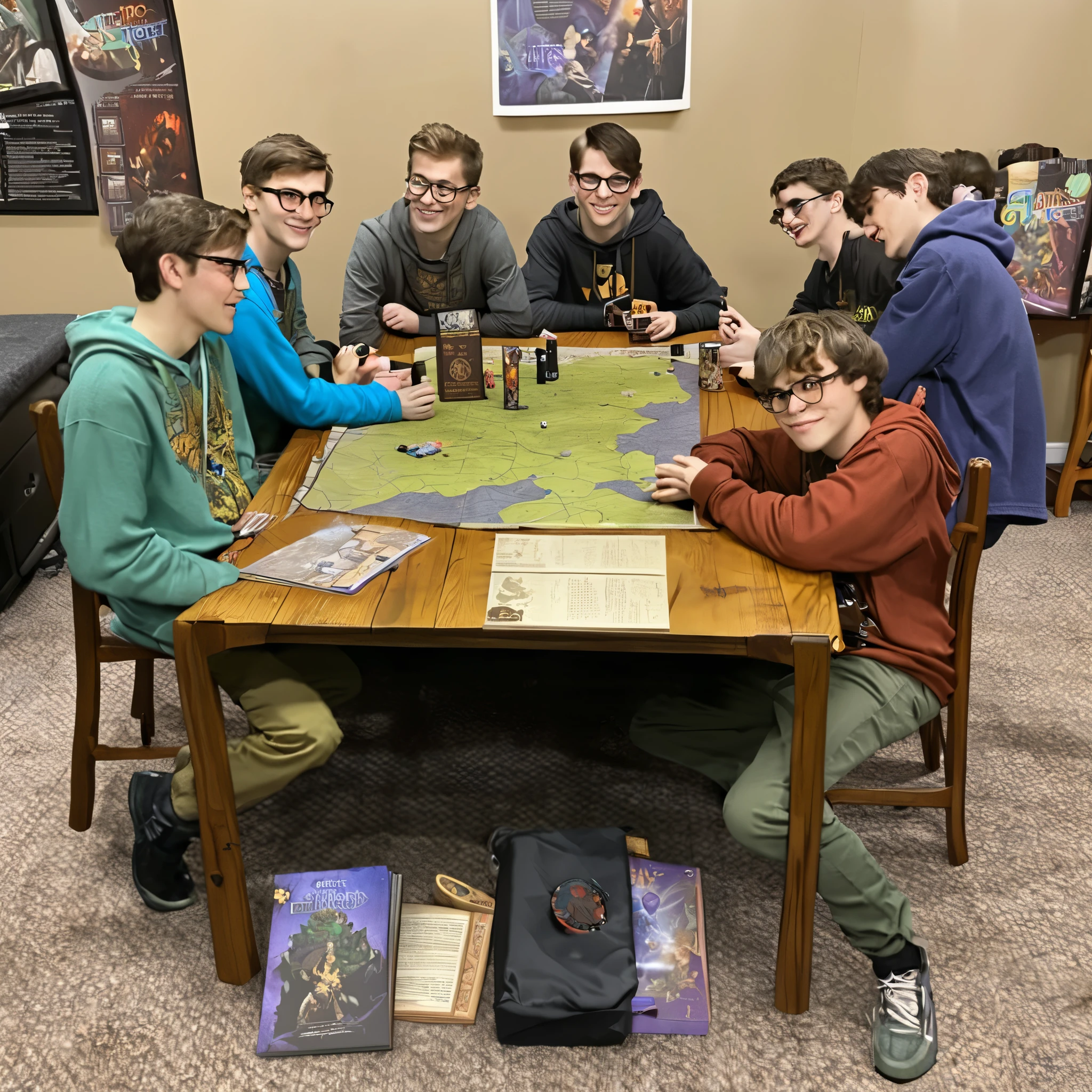6 nerds, teenage boys(disheveled, loose clothes a little dingey, some acne), sit around a table that has a DM screen, battle map, miniatures, dice, books, and everyone has a character sheet