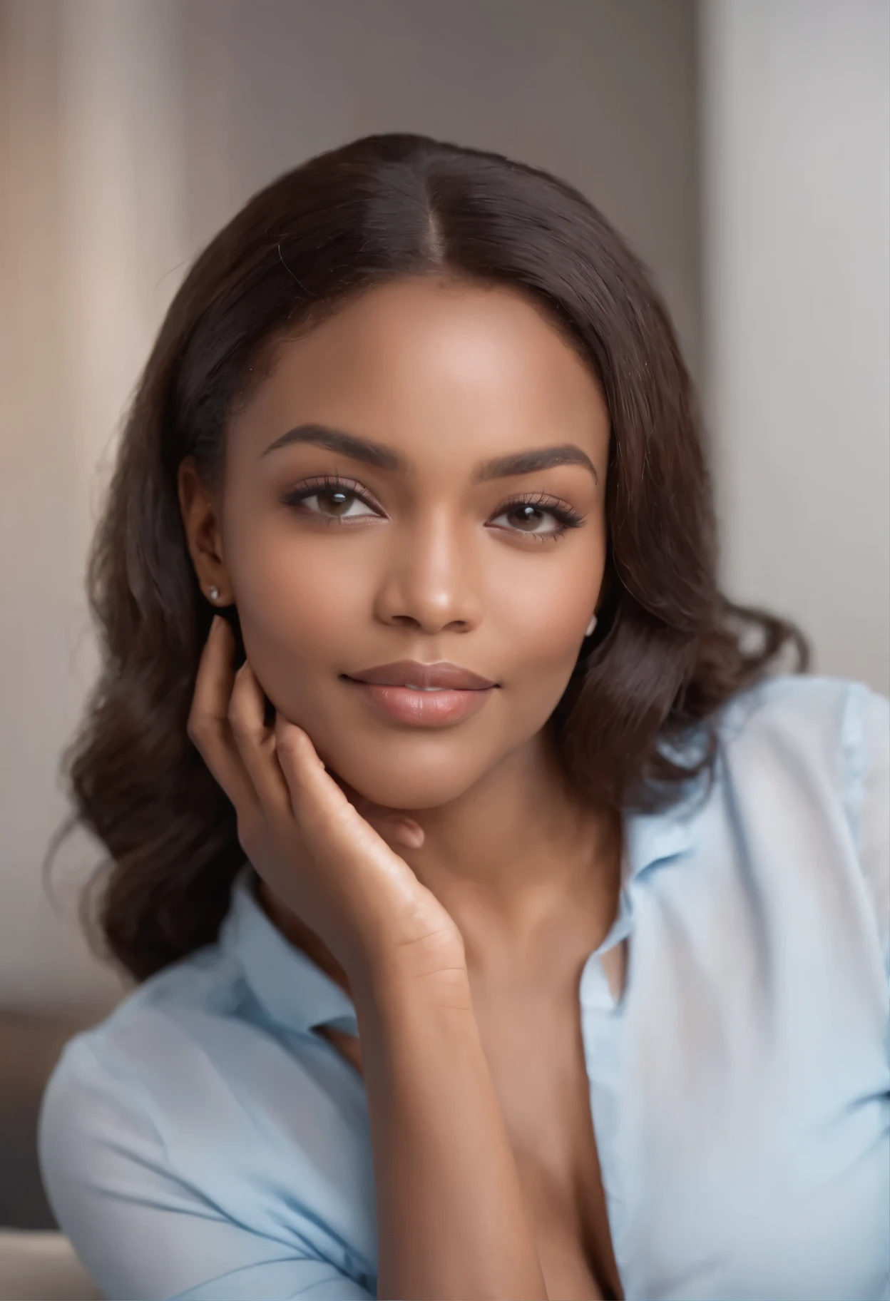 Realistic full size picture with both hands placed on the desk in front of her, of a Charismatic black woman, Early thirties, Light blue suit, Curvy body, Beautiful figure, Gorgeous smile, Expressive eyes, Sitting in an elegant office, professional setup, (Ample cleavage: 0.5), Deep colors, Rich textures, High contrast, High saturation, Glossy finish, Sharp focus on facial features, Soft background blur, Natural makeup, Warm lighting, Film grain effect, Radiant and confident expression.