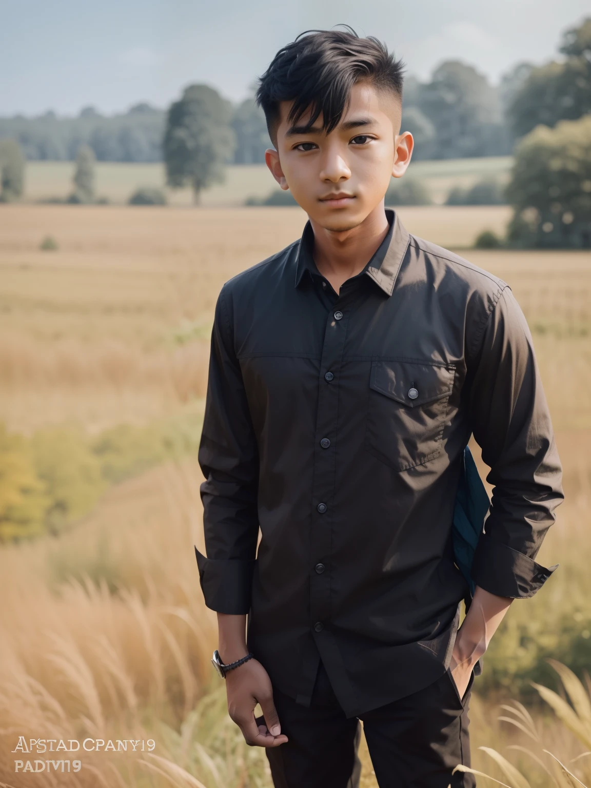 arafed boy in a black shirt and black pants standing in a field, around 1 9 , in front of a forest background, candid picture, very very low quality picture, vastayan, very clear picture, ayan nag, with accurate face, shot on nikon z9, casual photography, taken with sony alpha 9, with lovely look, young commoner
