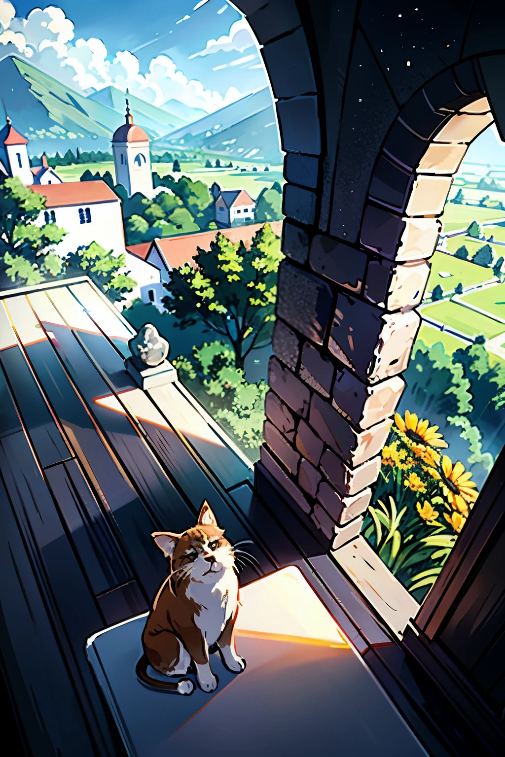 From a sky perspective, top corner, rests a majestic house, built from old, unshaped stones and wooden frame edges, windows. Blooms an array of variant beautiful flowers surrounding it. Mid-day sky painted with breathtaking hues, radiant sun rays peeping through. Ref: codex_401, acrylic, Makoto Shinkai's illustration style, ultra-detailed, capturing the essence of the peaceful yet majestic scene.