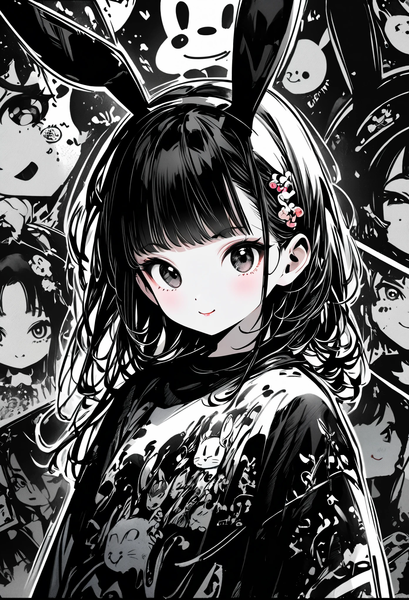 Create digital artwork in pop art style、ink style drawing、draw with black ink on white paper、We paid attention to every detail of the smiling bunny girl.。、Street fashion、Surrounded by vintage rabbit motifs、black and white brush strokes、Emotions must be dynamic、Upper body、~ ~ side、drawing、shape、white and black ink、thin ink line、Pen strokes are very detailed and dynamic、Expressing shadows with precise lines、delicate and accurate expression、modern art、Stroke style eany Rabbit with clear advantages and disadvantages、