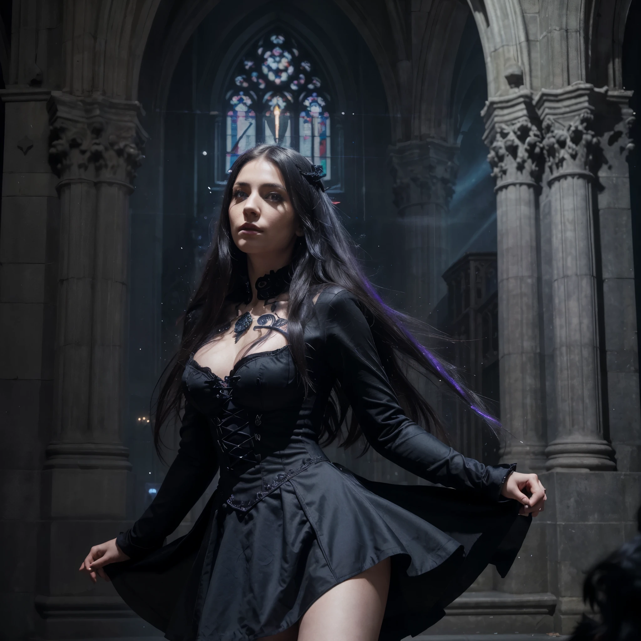 (best quality,highres,ultra-detailed,masterpiece:1.2),female dancing in a gothic dress with long flowing hair,gothic cathedral,ravens circling around her,melancholy and determination in her face,black, blue, purple, gray color palette with accents of red,lunar light illuminating her face and the cathedral,dynamic and expressive image,high-quality textures and lighting effects.
