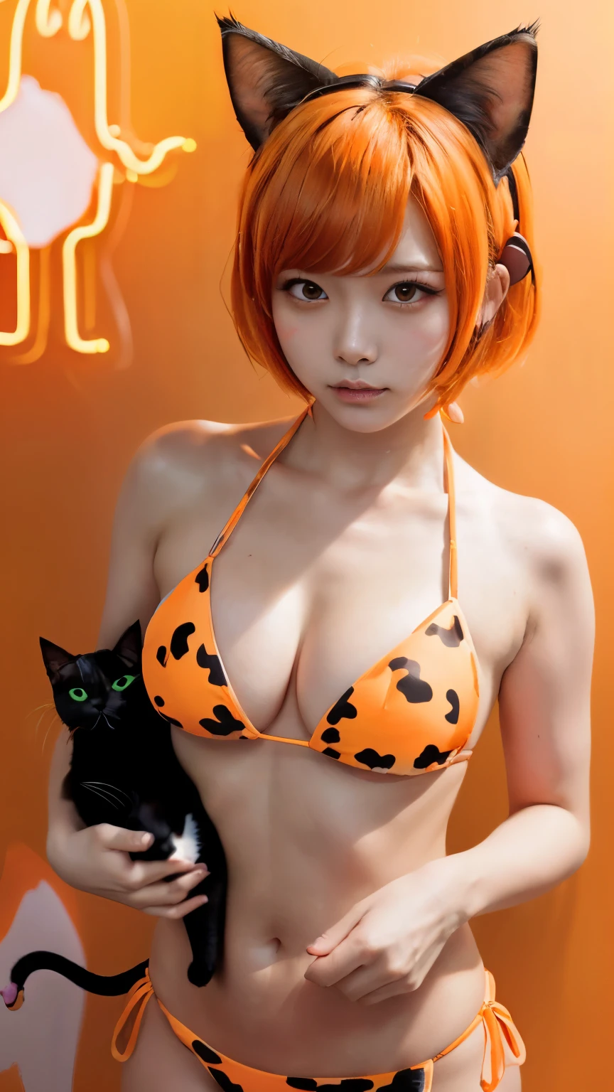 Masterpiece, 4K, bokeh, (Japanese idol:1.6), Beautiful high school girl, Blushed face, (Orange Bob hair:1.4), 
 (Neon orange cow pattern bikini:1.4), (Cat ears:1.4), looking at the viewer, cowboy shot, holding cats in both hands, (Neon orange cow pattern background :1.4), 