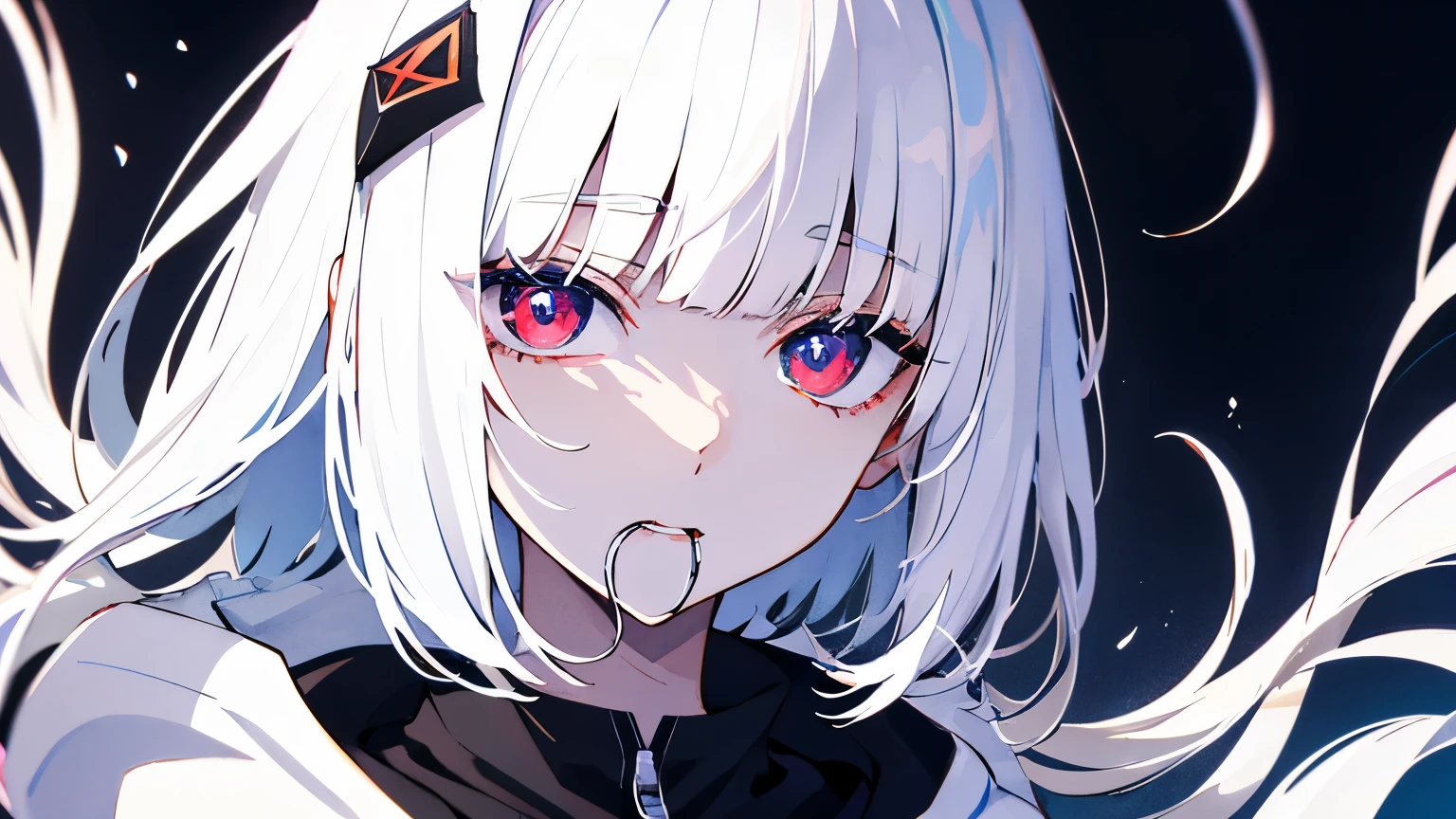 Super detailed、4k、Wonderful、Beautiful gradation、Beautiful background、Sui Ishida、tokyo ghoul、watercolor painting、Don't、cevioAI、anime characters、Only one character、1 girl、Upper body、portrait、 pure white hair、white hair、medium bob hair、innocent face、cute、odd eye、Super detailedな瞳、Only the left eye has red eyes、Fluffy hair、white eyebrows、white hoodie、dark look、A look of strong determination for the future even in despair、mouth is closed、black background、Perfect in every detail