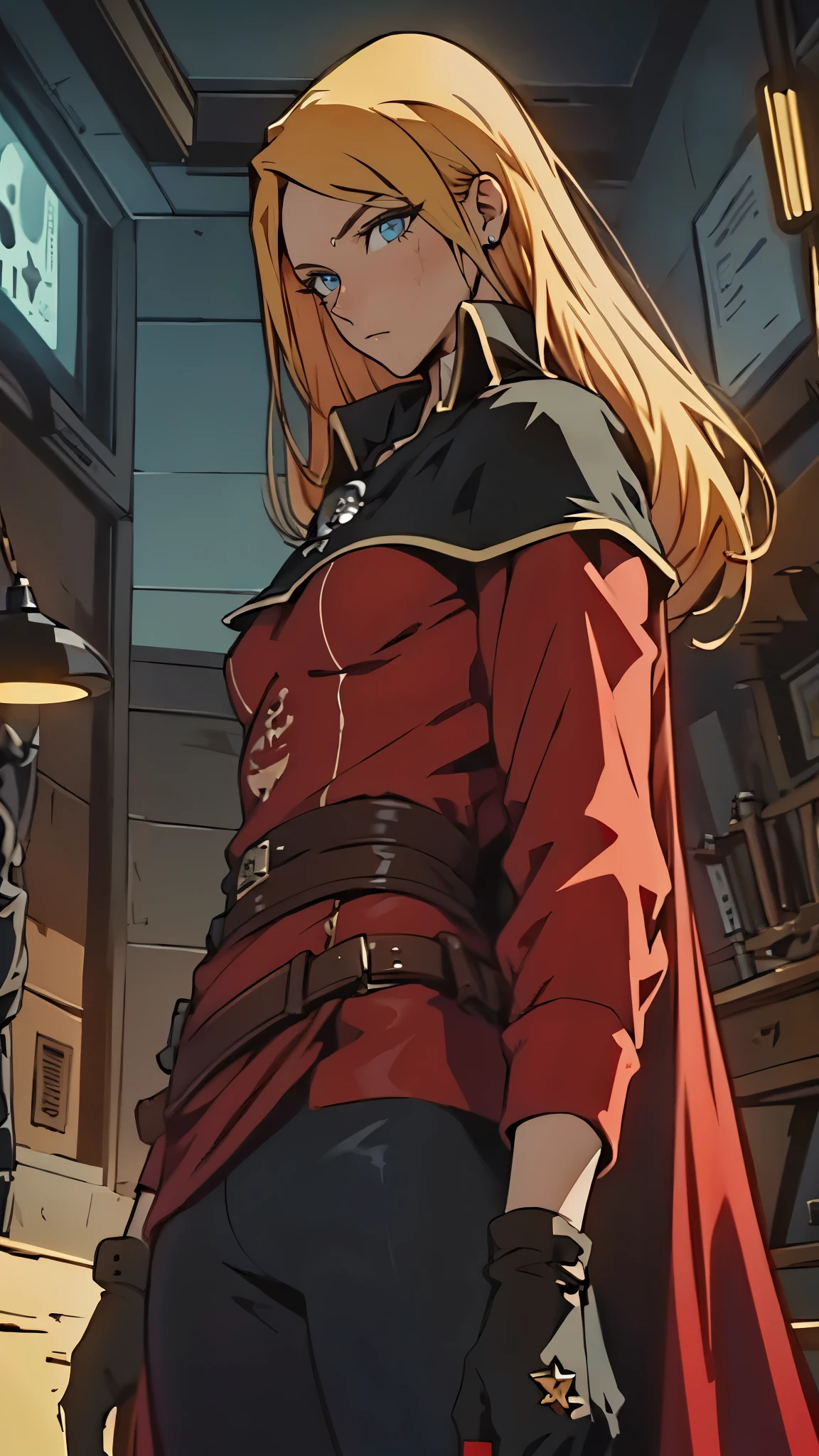 masterpiece, ultra quality, Beautiful detailed, extremely detailed,16K, exquisite, absurdity, highres, Beautiful background, Beautiful eye, Beautiful skin, anime style, (upper body focus:1.3), 1 girl, standing, (cowboy shot:1.5 ), BREAK emerald, blue eyes, very long eyelashes, long eyes, (skull and skull clothing), black cloak, gloves, shiny blonde hair, skull hair ornament, (scar on face), weapon, boots, Medium breasts, (Red clothes: 1.5), Looking up from below, Ascot, BREAK Surrealistic, Realistic: 1.3, 3D, Ultra detailed, Masterpiece, 16k illustration, Extremely detailed CG unity 8k wallpaper, Top quality, Absurd, official art, dramatic lighting, detailed skin texture, detailed cloth texture, beautiful detailed face, intricate details, ultra detailed, rim lighting, side lighting, cinematic light, ultra high res, 8k um, film grain, best Shadow, delicate, raw, BREAK star \(sky\), cinematic lighting, space ,holster,