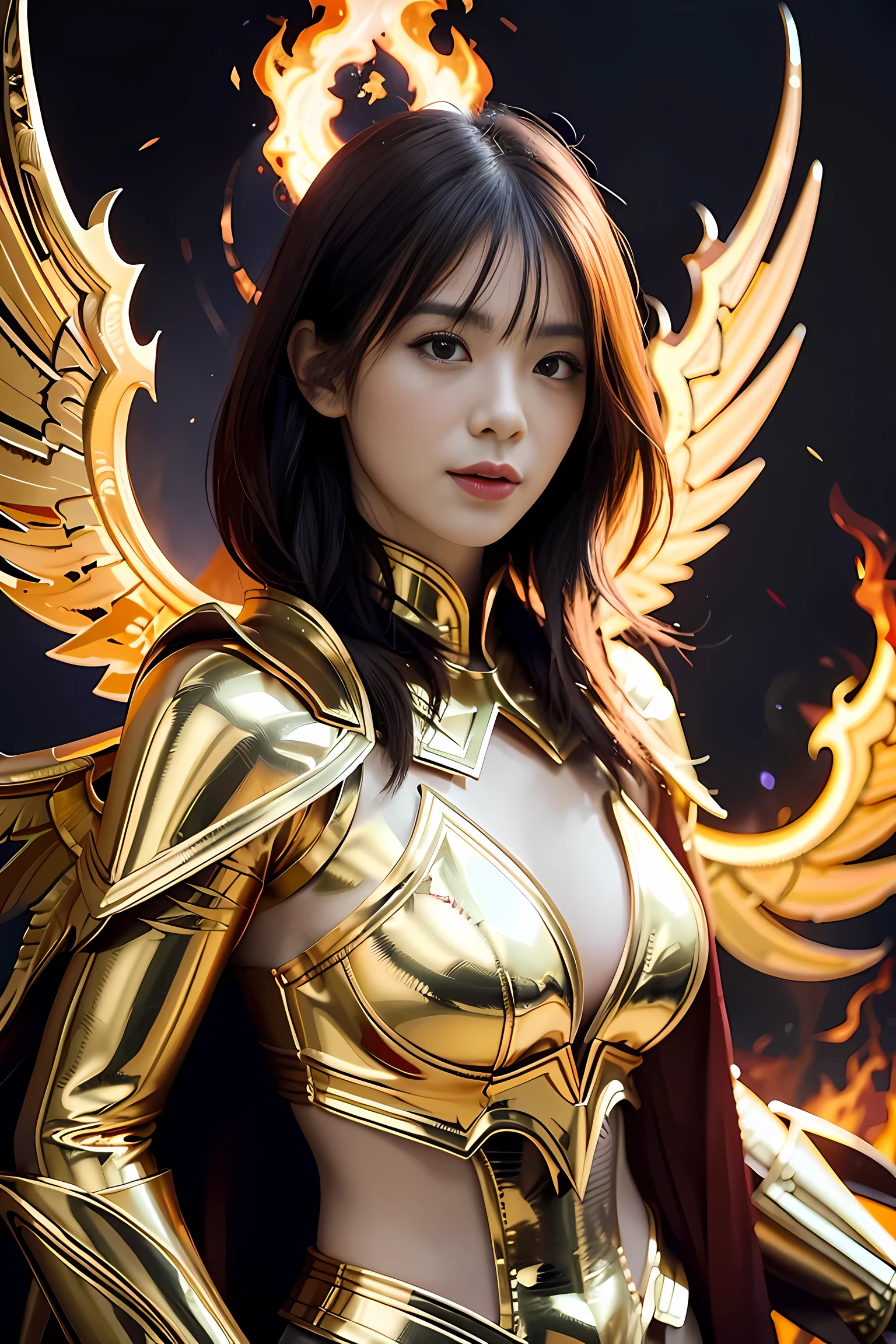 a close up of a woman with a fire and flames on her body, with fiery golden wings of flame, with fiery golden wings,  concept art | artgerm, phoenix warrior, extremely detailed artgerm, female lord of change, full portrait of Elementalist, epic exquisite character art