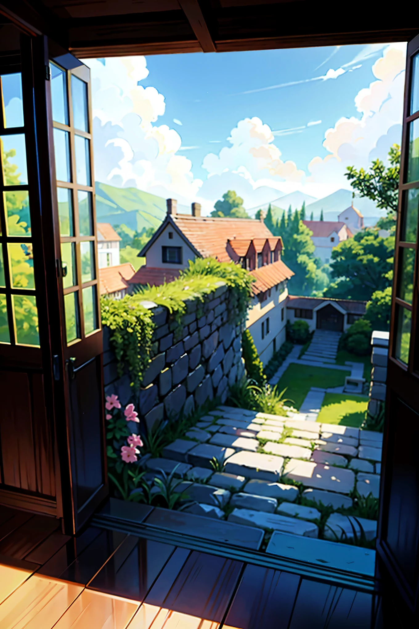 From the top corner of the sky, a majestic view unfolds of a modern house, built with non-shaped ancient stones and a wooden frame for its edges and windows. The house's exterior is adorned with variant beautiful flowers, their petals in full bloom, blending harmoniously with the houses' natural setting. The mid-day sky above is a beautiful canvas of various hues, reflecting the warmth and tranquility of the scene below. The ref codex_401 captures this acrylic illustration in ultra-detailed perfection, reminiscent of Makoto Shinkai's masterpieces. The sky's vibrant colors and the house's intricate stone