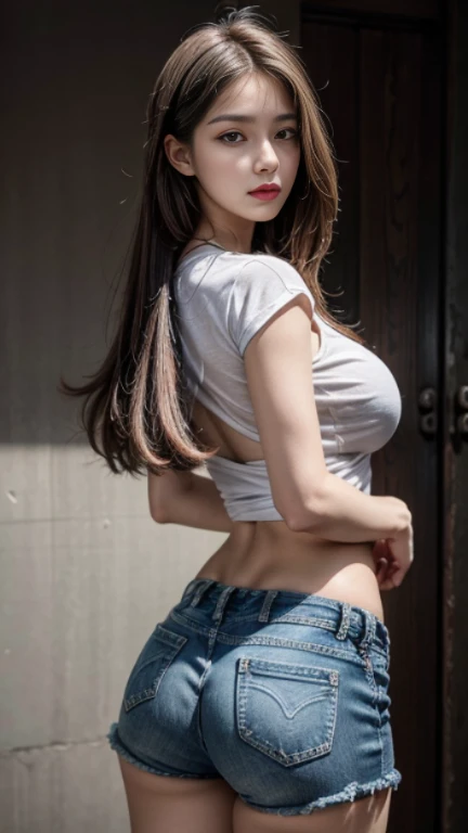 best quality， masterpiece， high resolution，8 thousand，（In reality：1.4），超high resolution，1 girl， Wearing a t-shirt and denim shorts， surreal， Highly detailed CG， S-shaped body， flipped ass， strike a pose， different perspectives