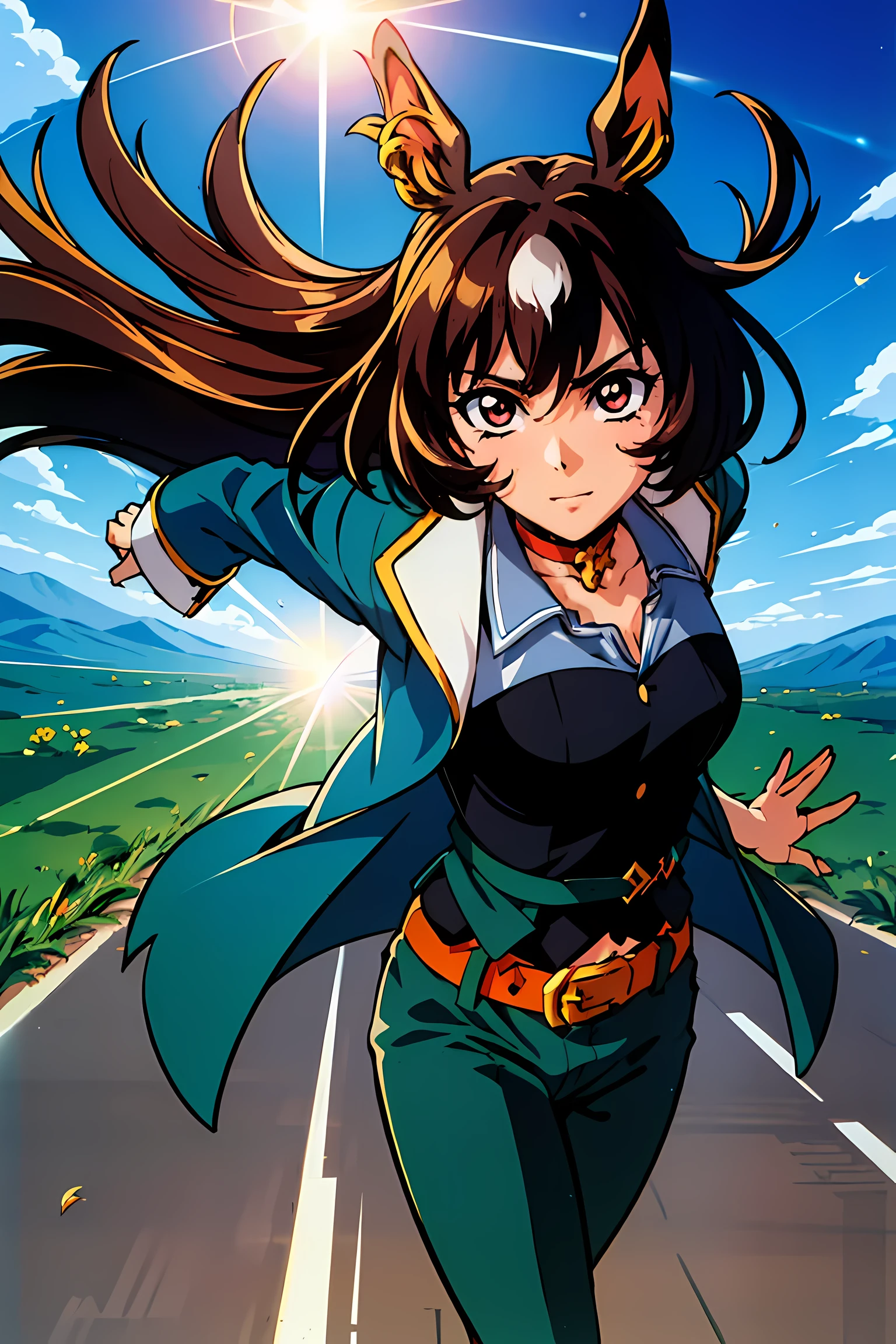 (highest quality:1.3),(ultra-be familiar with:1.5),High resolution,extremely be familiar with CG,unity 8k wallpaper,official art,be familiar with,super be familiar with skin,perfect anatomy,beautiful be familiar with eyes,(anime screenshot:1.11),very delicate and beautiful,(90s anime,90s anime style,cel shaded anime:1.17),1 girl,alone,anmnr, ((sirius symboli:1.52)),(horse ears, horse tail,green jacket, collared shirt, fingerless gloves, green pants, choker, belt:1.17),I furrowed my brow., (shining eyes),blends well with the eye,blends well with the eye,focus of the eye,(Carefully crafted brilliance, sky blue lens flare:1.7),(expression of joy:1.51),octane rendering,rain弓 paint drop,Woman made of paint,Full Paint,(movie background),splat,splash,dark and blurry background,close,(best writing, very delicate and beautiful),Detailed beautiful shine,(soft light:1.2),(soft money tone lighting),Warm and soft lighting,dramatic light,((cinematic light)),ambient occlusion,ambient light,violently,powerful,Absolutely eye-catching splashes of color,((caustic)),raytraced reflections,light shines,(running:1.1), written boundary depth, outdoor, (running),beautiful face, intense lighting),to be born, dramatic light,violence everywhere,(expression of joy:1.4), (Raging Eyes:1.2), ),spell magic, magic circle, ((Put magic in your hands)),(use light magic:1.14),imaginative overlays, artistic fusion,great scene, exciting story, impressive visuals, ((motion trajectory effect)), spiky hair,, superhero, run at lightning speed, Leave a trace of your movements, MotionTrail, Speed Effect, drive through the grassland, Speed Trace, Super Speed Power,