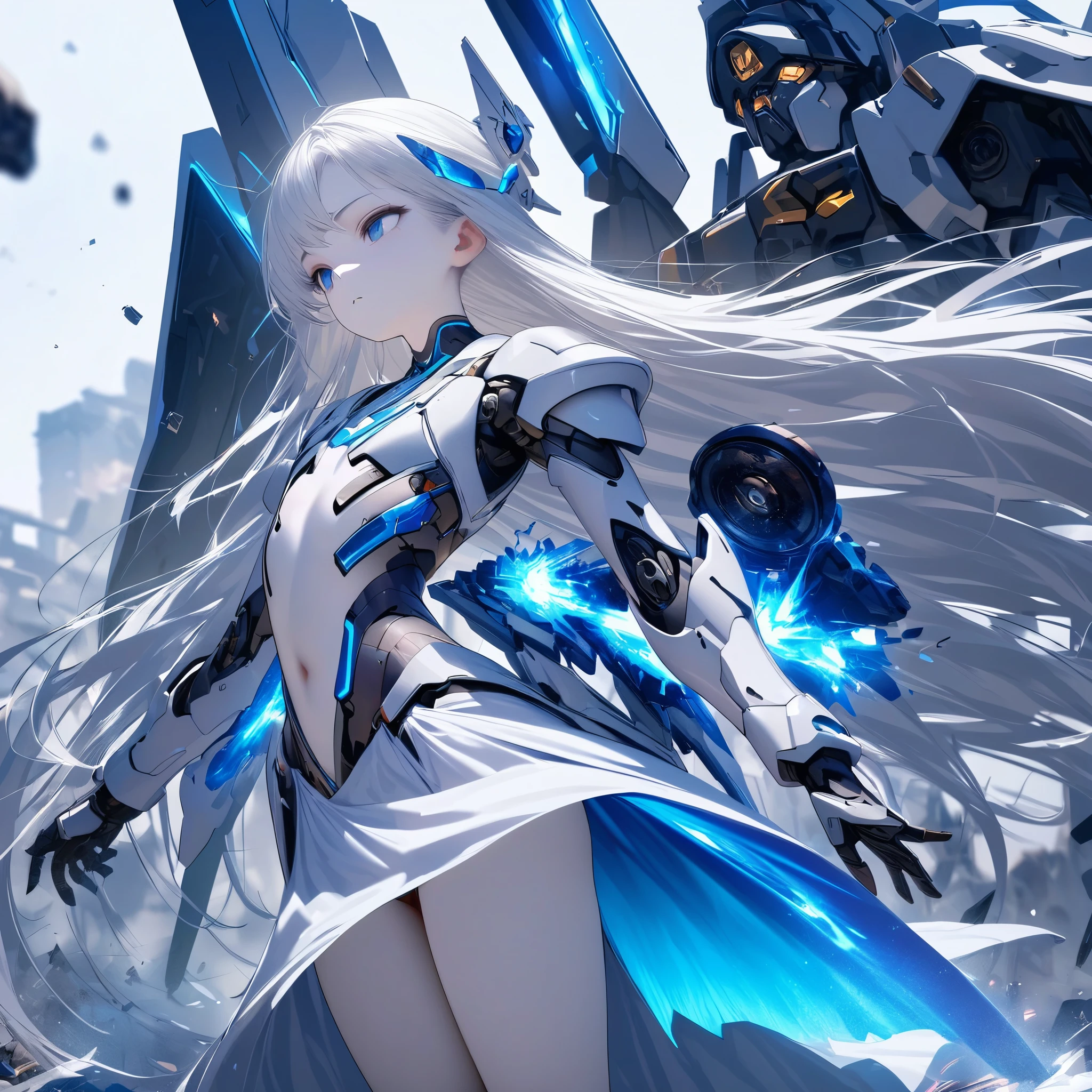 masterpiece, best quality, rich and colorful, Cowboy shooting, (pale skin:1.2), flat chest, Mecha, armor, girl,Mechanical_Body, high resolution, white hair, Very long hair, ahog, , alone, blue eyes, white coat, Soft fabric waist extension, blue energy, destroy, quantum energy, Mechanical wings