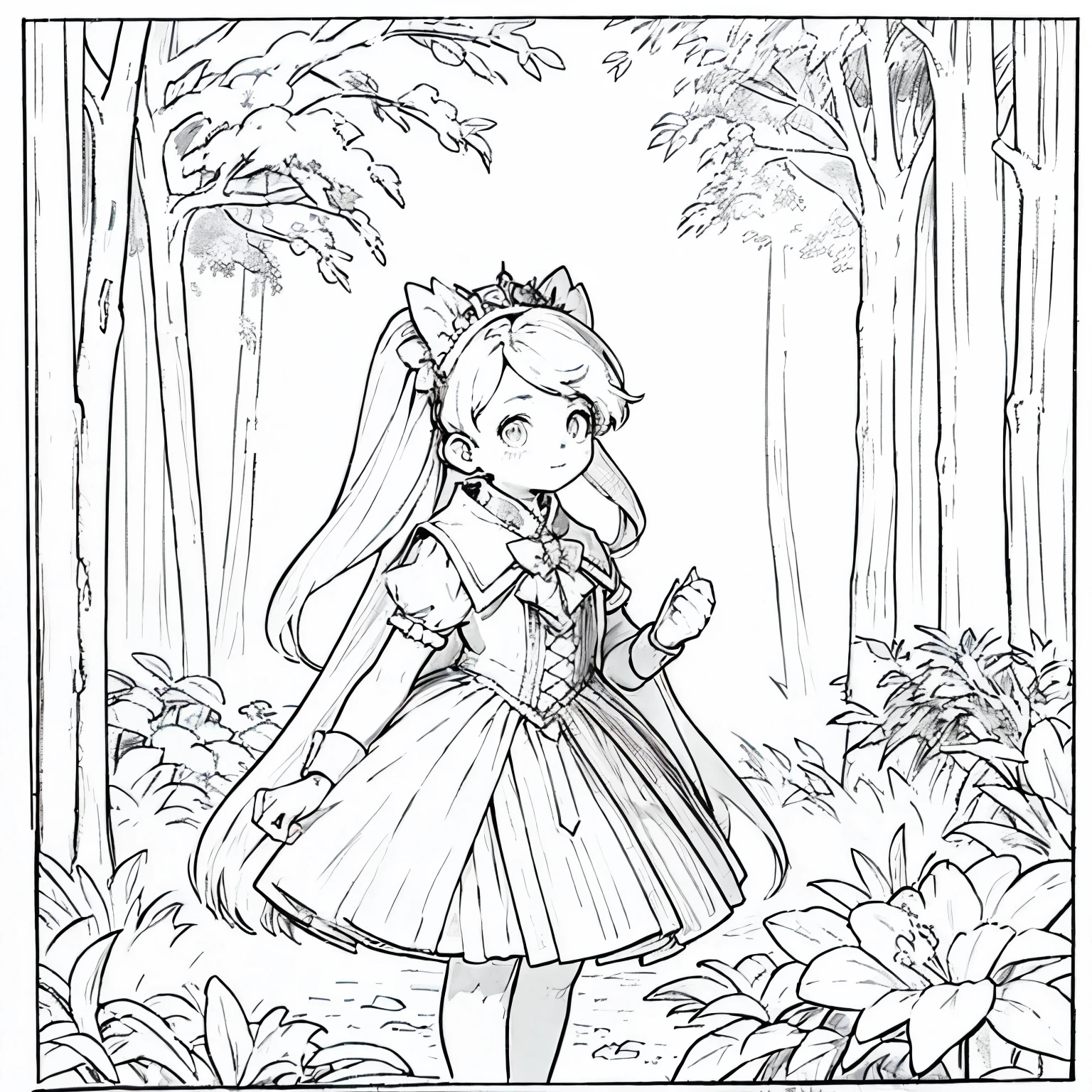 ((highest quality)), ((masterpiece)),magical girl,simple design,coloring book,The background is a forest,picture book,line drawing,black and white