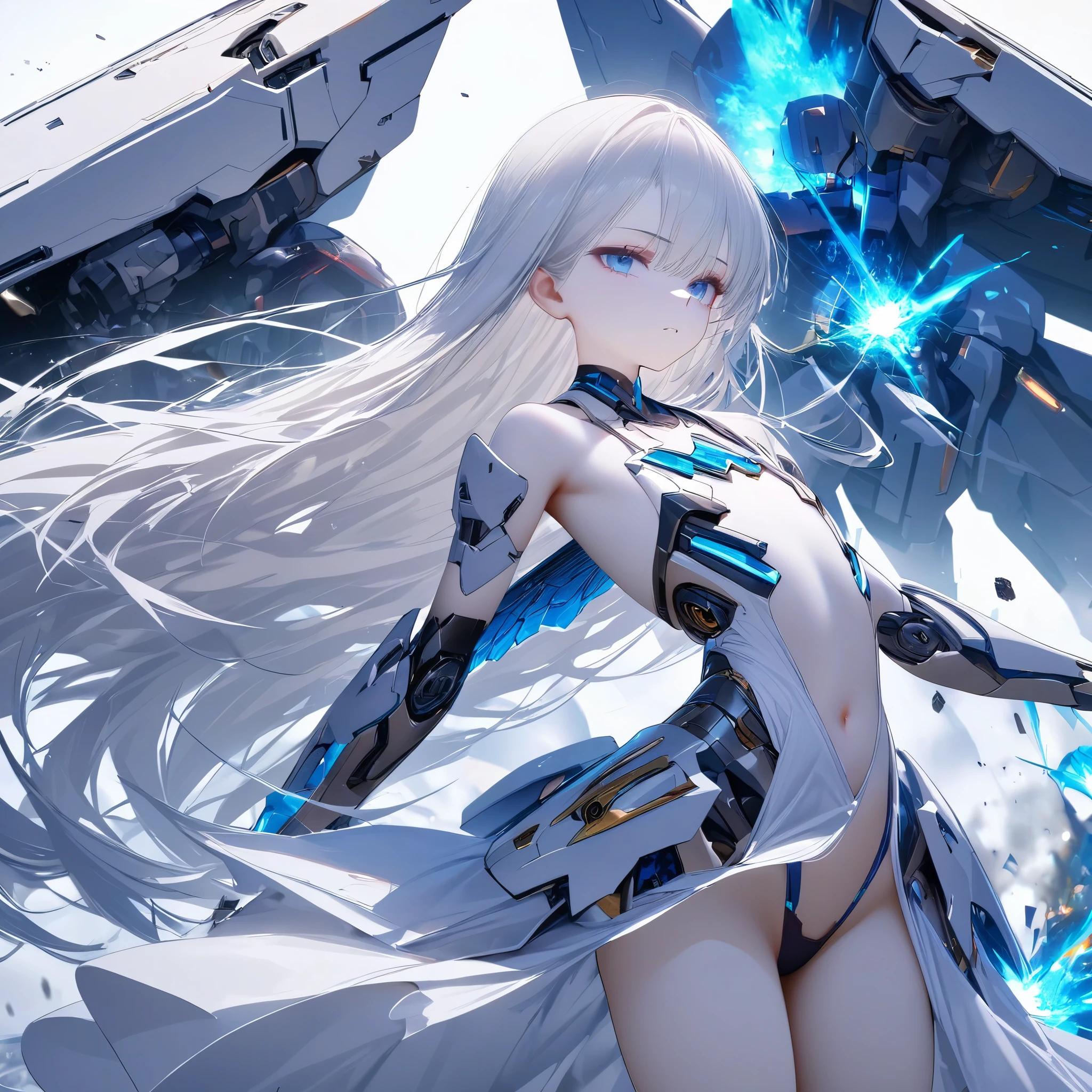 masterpiece, best quality, rich and colorful, Cowboy shooting, (pale skin:1.2), flat chest, Mecha, armor, girl,Mechanical_Body, high resolution, white hair, Very long hair, ahog, , alone, blue eyes, white coat, Soft fabric waist extension, blue energy, destroy, quantum energy, Mechanical wings