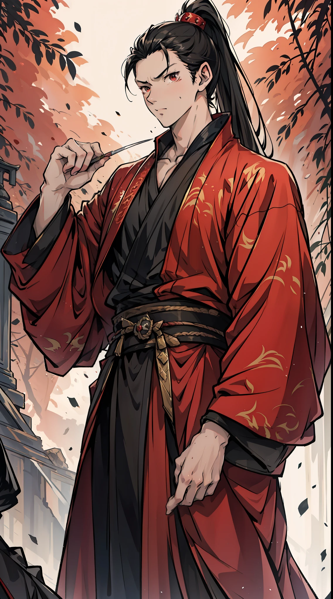 two-dimensional，anime style，one person（male warrior），Correct proportions，facial details，swordsman，High ponytail hairstyle，neck details，There is an Adam&#39;apple，red robe，joke，red robe，clothing details，transfer，long sleeve，Game quality，fencing，Ray tracing，Ray tracing，Delicate glow，CG rendering，Hair details，long black hair，Red eyes，Handsome，Handsome，（feeling of youth），Costumes are complicated，perfect composition，refine，high quality，More details，complex background，a sense of atmosphere，