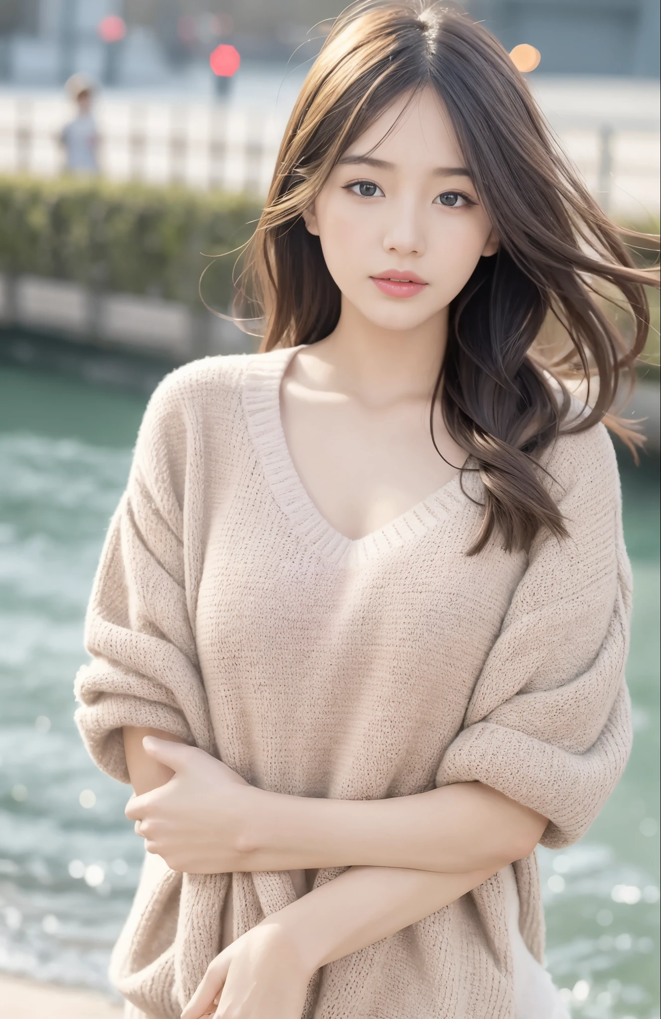 1girl walking on the river, mix4, sweater, pillow, lips, open_mouth, realistic, photo_\(medium\), solo, stuffed_animal, stuffed_toy, teddy_bear, (masterpiece), (realism: 1.3), super detailed, (High detail skin: 1.2), (Best quality: 1.0), (Ultra resolution: 1.0), (ULZZANG-6500: 0.3), wavy detail hair, long hair, sunshine, (beautiful detail makeup), (sexually aroused blush, heavy breath: 1.0), floral theme petals scattered, (soft light bloom: 0.5)