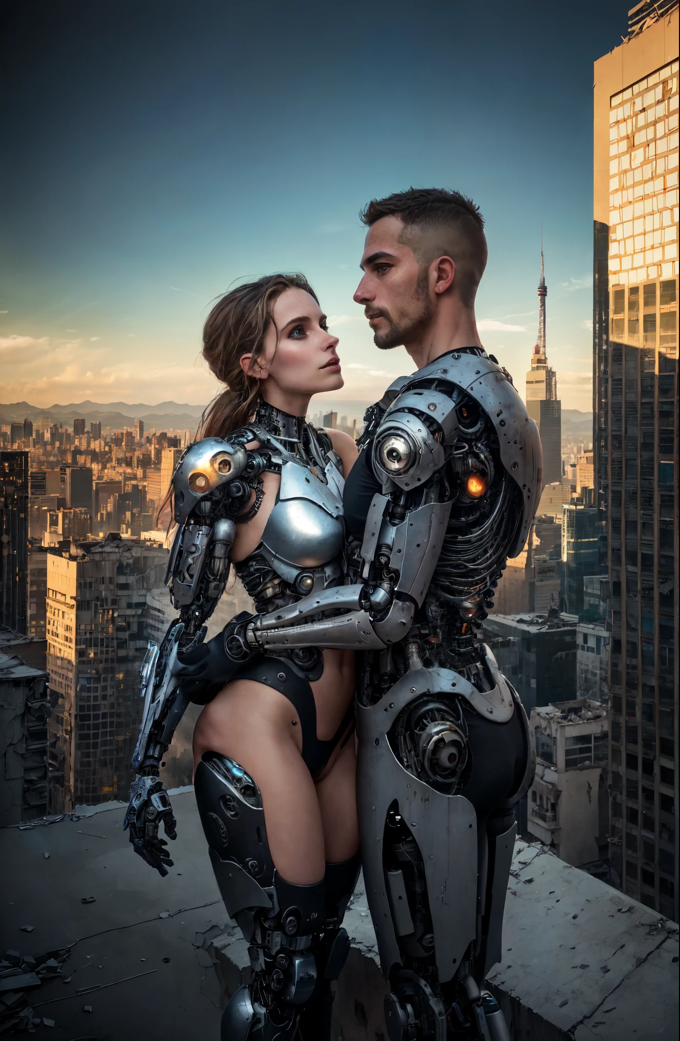Sexual relationship between a male cyborg and a female cyborg on the roof of a skyscraper, high quality, best quality, absurdres, masterpiece, beautiful, intricate details, 1/2 body crop, slim body, beautiful figure, magnificent anatomy, (intricate details:1.12), HDR, (intricate details, hyper-detailing:1.15), (natural skin textures, hyper realisitc, soft light, Sharp:1.2), a big city in ruins, post apocalyps