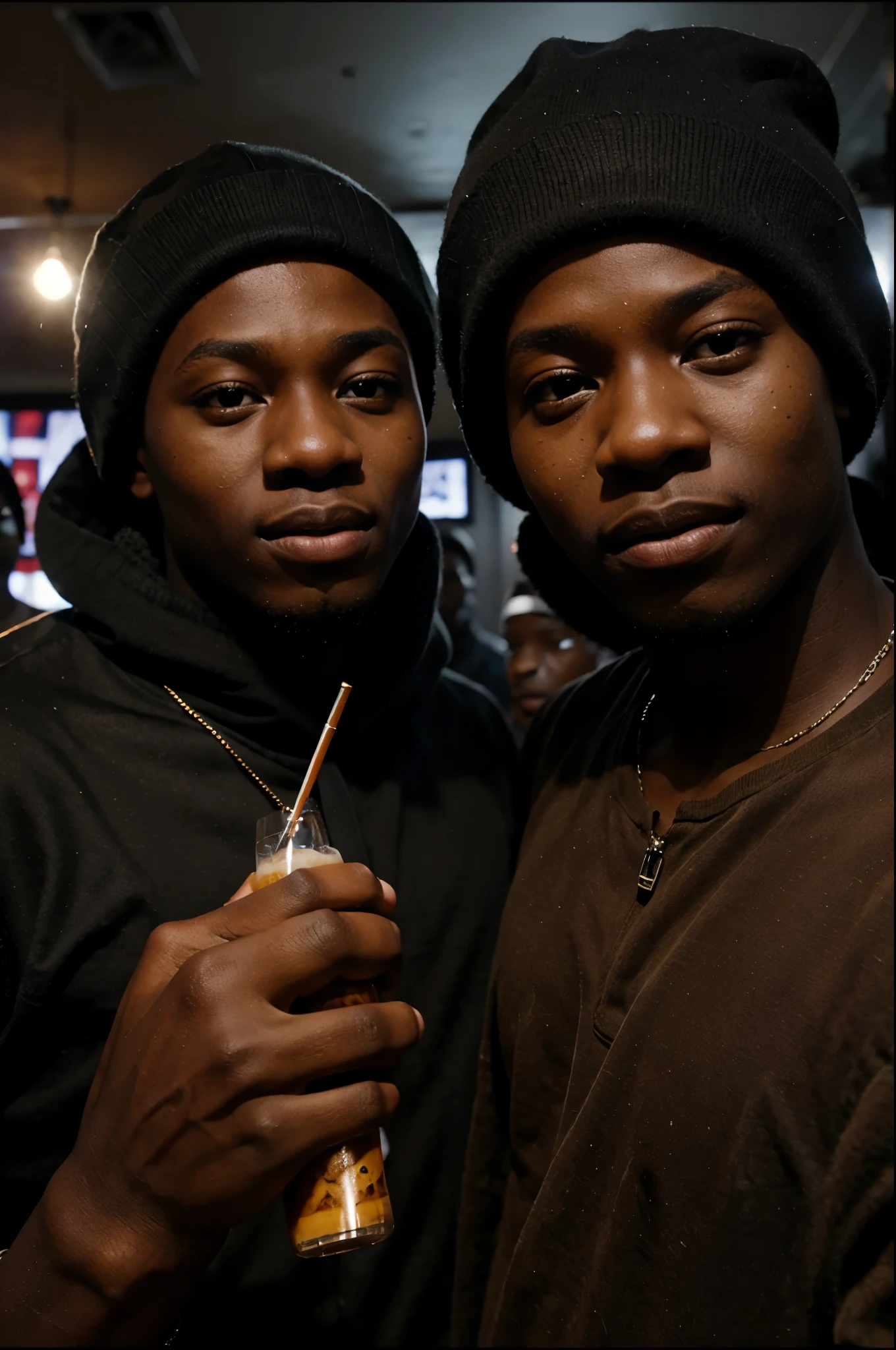 Young african boys smoking and taking alcohol in a club. Wearing balaclavas.