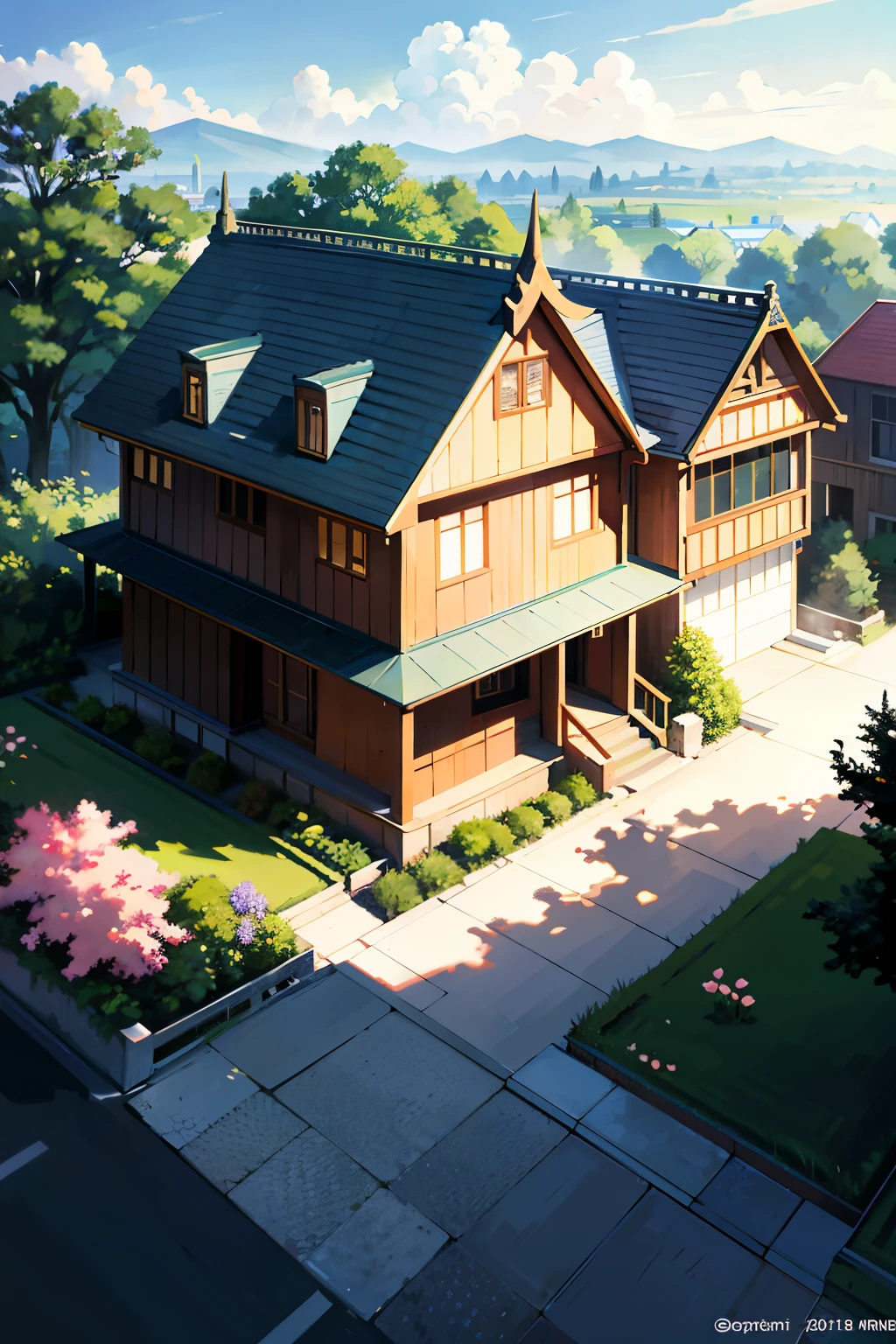 From a bird's eye view, a modern house stands proudly, built with non-uniform old stones and boasting wood frames for edges and windows. The variant beautiful flowers surrounding it bloom in all their glory, while the mid-day sky above shines brilliantly, filled with majestic vibes. The refined codex_401 photo style, reminiscent of acrylic art and the works of Makoto Shinkai, embraces the scene in this ultra-detailed illustration.
The house is painted with an array of vivid colors, each reflecting the sunlight that filters through the wooden structure. The flowers’ petals are meticulously rendered, with intricate detailing and