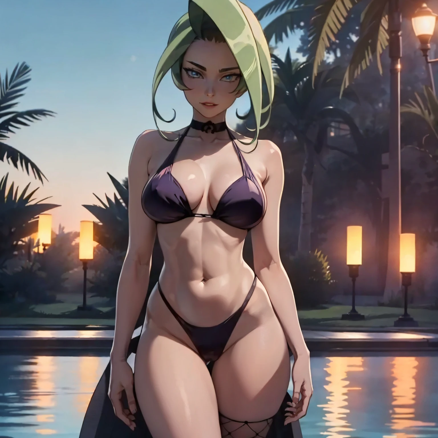(masterpiece), best quality, expressive eyes, perfect Ursula in sexy bikini 30 year old women seductive body big breasts big thigs facing towards screen parted lips feminine figure body in mini bikini wearing net socks beautiful expressive eyes , 4k backlighting smirky face full body sexy female hot touching herself in seducing way