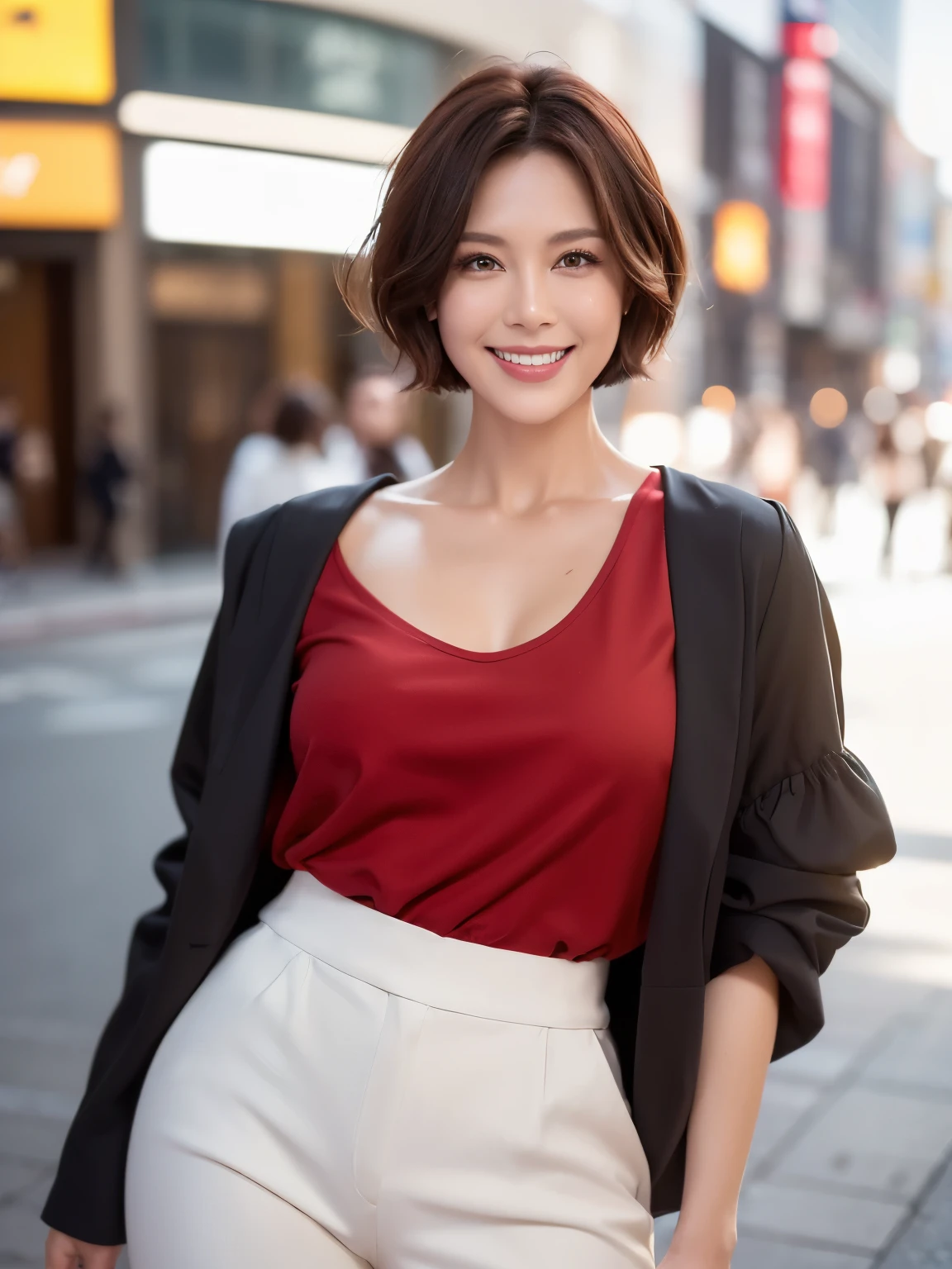 （38 years old), （black wool jacket）,（white wool pants）、（white ruffle blouse）, double eyelid, eyelash, Red lip gloss, (smile:1), ((close your eyes:0.85)), (looking at the viewer、Are standing), (From above:0.2)、尖ったred mouth、(reddish brown wet shiny short hair),red mouth,clavicle、 (Photoreal:1.3),(Raw photo）,(A woman standing on the street in Ginza, In front of department store, Bright sunshine in Tokyo city,Tokyo, Japan) , 8K, Super detailed, highest quality, beautiful skin, anatomically correct, masterpiece , highest quality, cinematic lighting, Use perspective throughout , surrealism , ,(realistic:1. 3),(Raw photo) , black hair, light smile, short hair, bob cut, anaglyph, stereogram, (mature woman:1), (38 years old), ((close:0.5)), glare, double eyelids, lip gloss, (smile:1), ((close your eyes:0.85)), red mouth, clavicle, ((looking at the viewer)), (short hair of reddish-brown color wet and shiny,), (I can see the whole body) , Slightly thick body type , I opened my eyes wide. , perfectly round eyes , fine texture