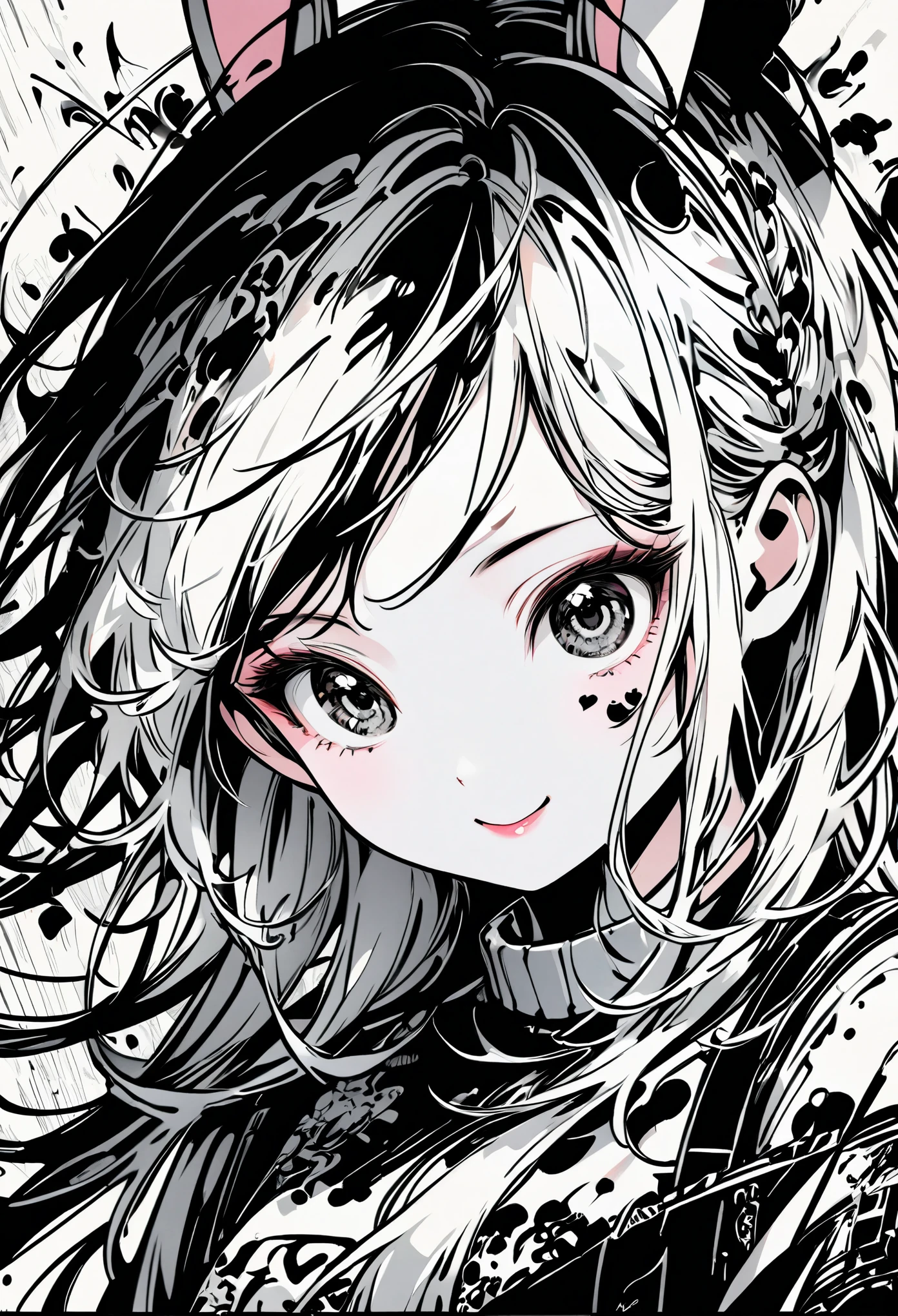 Create digital artwork in pop art style、ink style drawing、draw with black ink on white paper、We paid attention to every detail of the smiling bunny girl.。、Street fashion、Surrounded by vintage rabbit motifs、black and white brush strokes、Emotions must be dynamic、Upper body、~ ~ side、drawing、shape、white and black ink、thin ink line、Pen strokes are very detailed and dynamic、Expressing shadows with precise lines、delicate and accurate expression、modern art、Stroke style eany Rabbit with clear advantages and disadvantages、