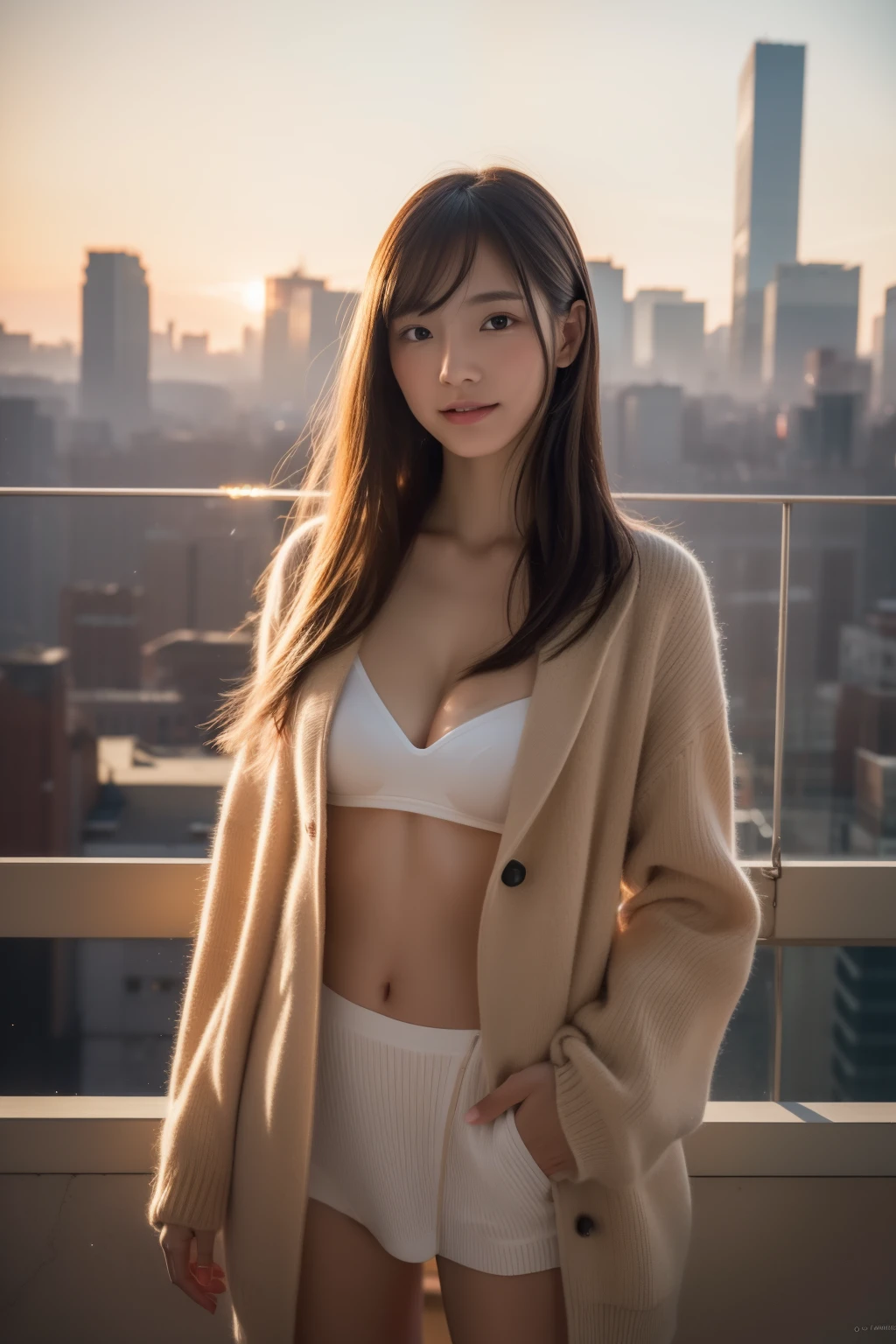 (Transcendent beauty:1.2), modeled, 25-years old, kawaii faces, The best smile, Gravure photos for fashion magazines, ​masterpiece, top-quality, winning artwork, ((hight resolution)), ((the Extremely Detailed CG Unity 8K Wallpapers)), Great skin, (Random Hair Styles), Perfect body line, Slender body, Clothes of prestigious brands, Autumn outfit, Classy and fashionable atmosphere, captivating and enticing, Sexy Girl, Stand against the backdrop of the city skyline, Autumn glow