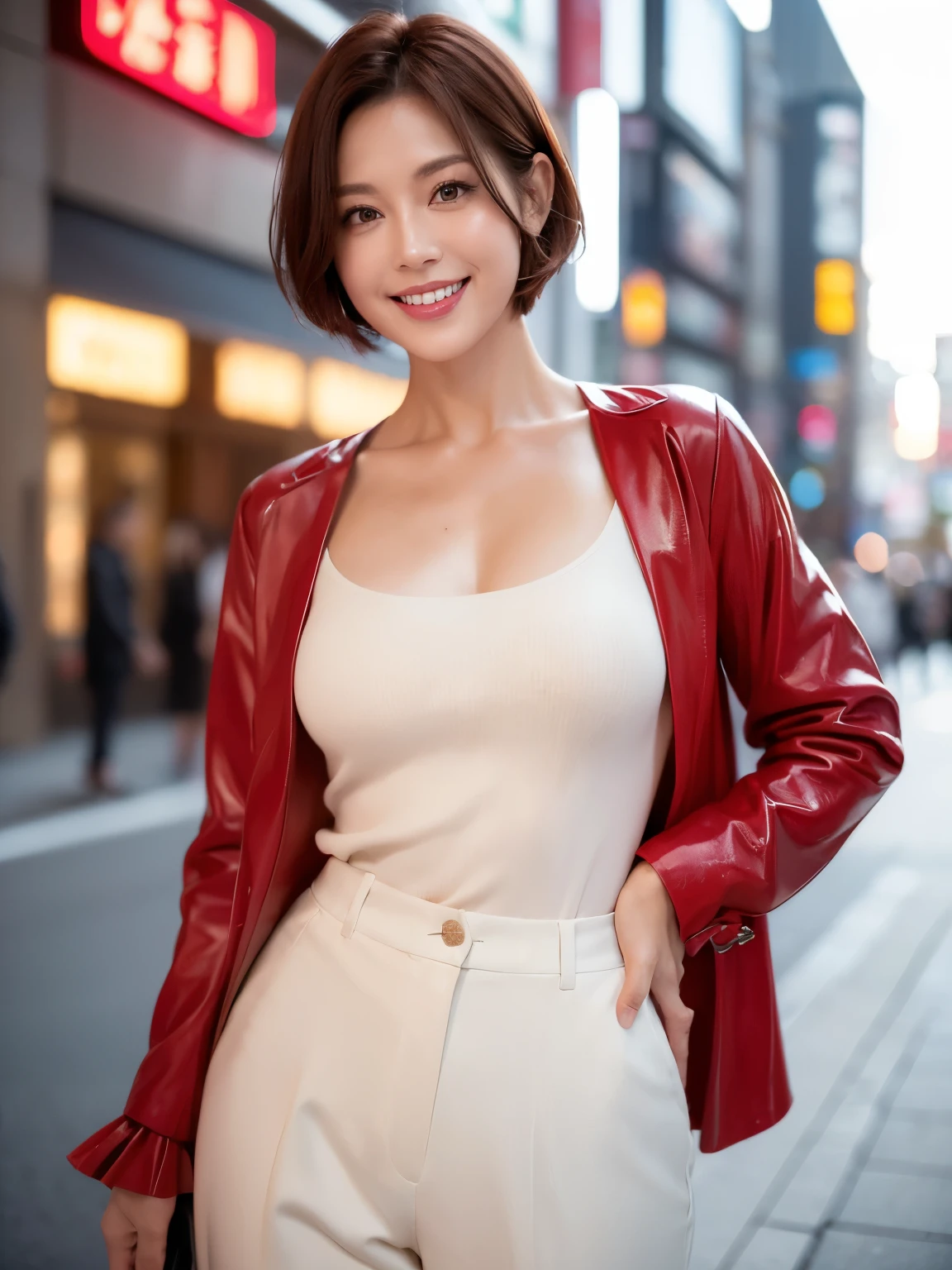 (38 years old), (red wool jacket),(white wool pants)、(white ruffle blouse), double eyelid, eyelash, Red lip gloss, (smile:1), ((close your eyes:0.85)), (looking at the viewer、Are standing), (From above:0.2)、尖ったred mouth、(reddish brown wet shiny short hair),red mouth,clavicle、 (Photoreal:1.3),(Raw photo),(A woman standing on the street in Ginza, In front of department store, Bright sunshine in Tokyo city,Tokyo, Japan) , 8K, Super detailed, highest quality, beautiful skin, anatomically correct, masterpiece , highest quality, cinematic lighting, Use perspective throughout , surrealism , ,(realistic:1. 3),(Raw photo) , black hair, light smile, short hair, bob cut, anaglyph, stereogram, (mature woman:1), (38 years old), ((close:0.5)), glare, double eyelids, lip gloss, (smile:1), ((close your eyes:0.85)), red mouth, clavicle, ((looking at the viewer)), (short hair of reddish-brown color wet and shiny,), (I can see the whole body) , Slightly thick body type , I opened my eyes wide. , perfectly round eyes , fine texture