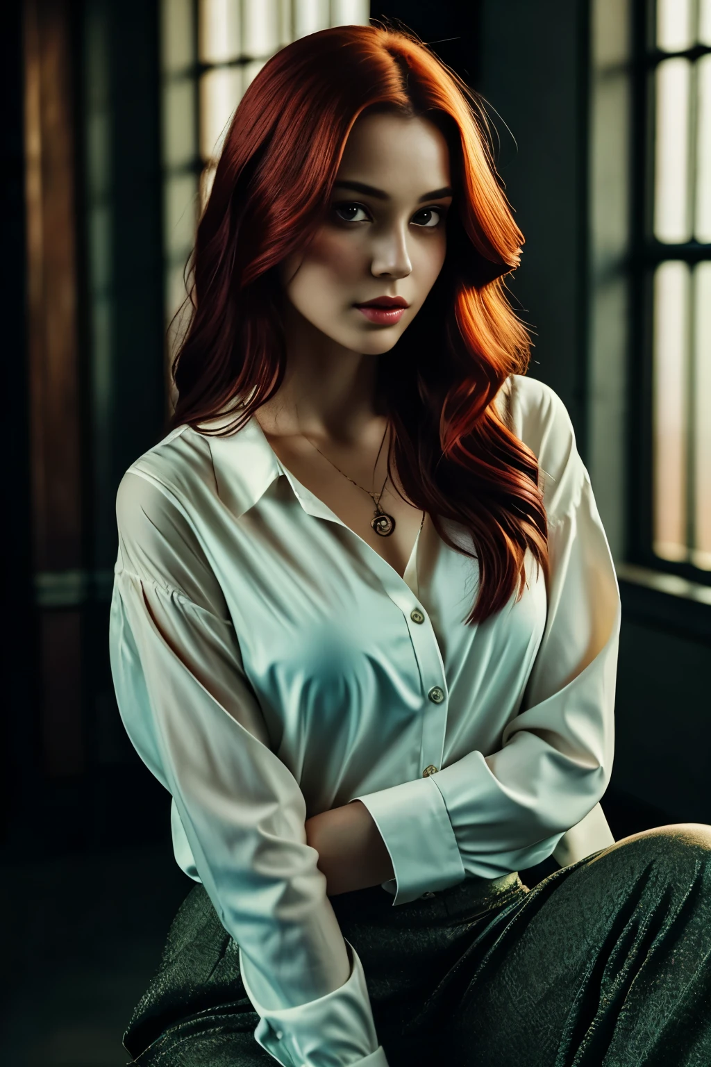 A photo of a mysterious enchantress, age: undisclosed, Solo, Loose styled fiery red hair cascading down her shoulders, seductively posing in the depths of a dimly lit studio, dressed in a tantalizing Button-up Shirt and Trousers that reveal intricate details and hint at her hidden desires, her supple skin adorned with visible goosebumps, her flawless face adorned with light freckles that possess a delicate charm (0.9), the image crafted to be photorealistic (1.2) to capture every nuanced aspect of her shy, prude demeanor, the subtle interplay of light and shadow in the studio creating an intoxicating aura of allure, the image carefully showcasing the delicate textures and fine details that bring her